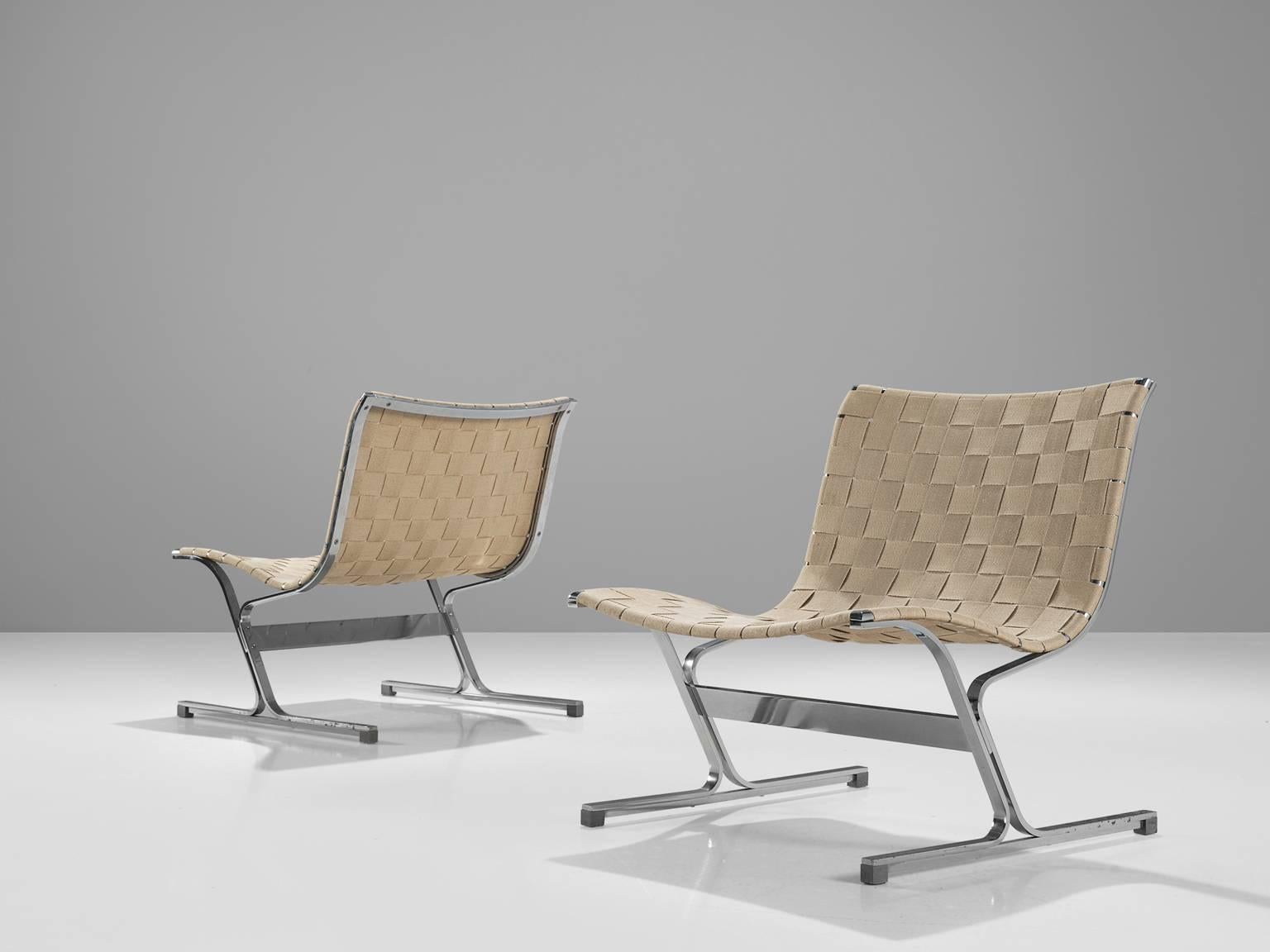 Ross Litell, set of two 'Luar' slipper chairs, metal and canvas, Italy, 1965. 

This set of two modern easy chairs in chromed metal and woven canvas upholstery. Is designed by Ross Litell These chairs show beautiful curves in the canvas seat. The