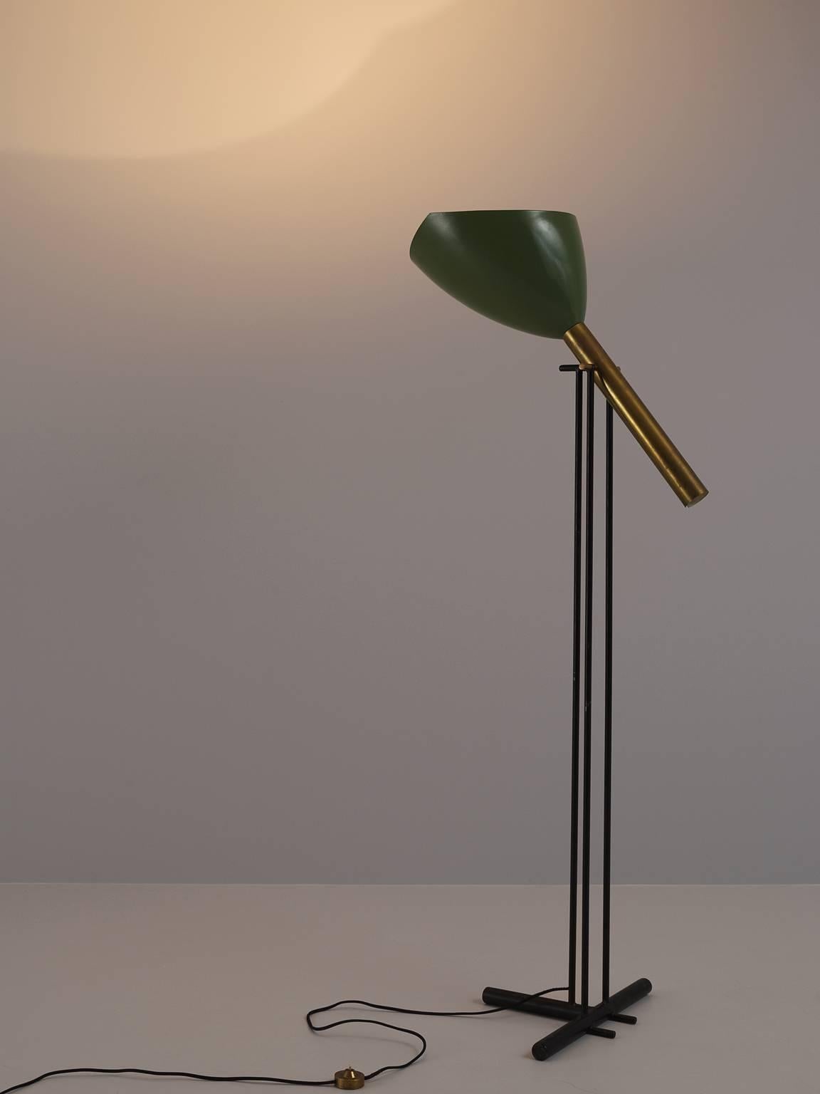Ettore Sottsass for Arredoluce, metal and brass, Italy, 1957.

This early and stamped floor lamp is designed by Ettore Sottsass in black lacquered metal, brass and green lacquered metal and is executed by Arredoluce. The lamp is stamped with
