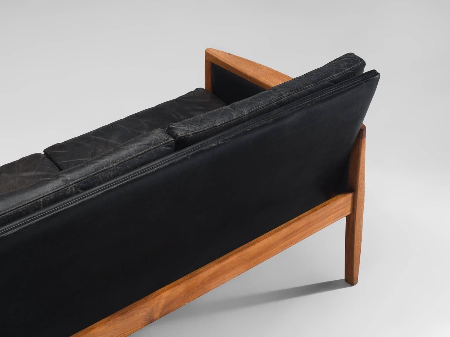 Mid-20th Century Hans Olsen Three-Seat Sofa in Original Leather and Teak