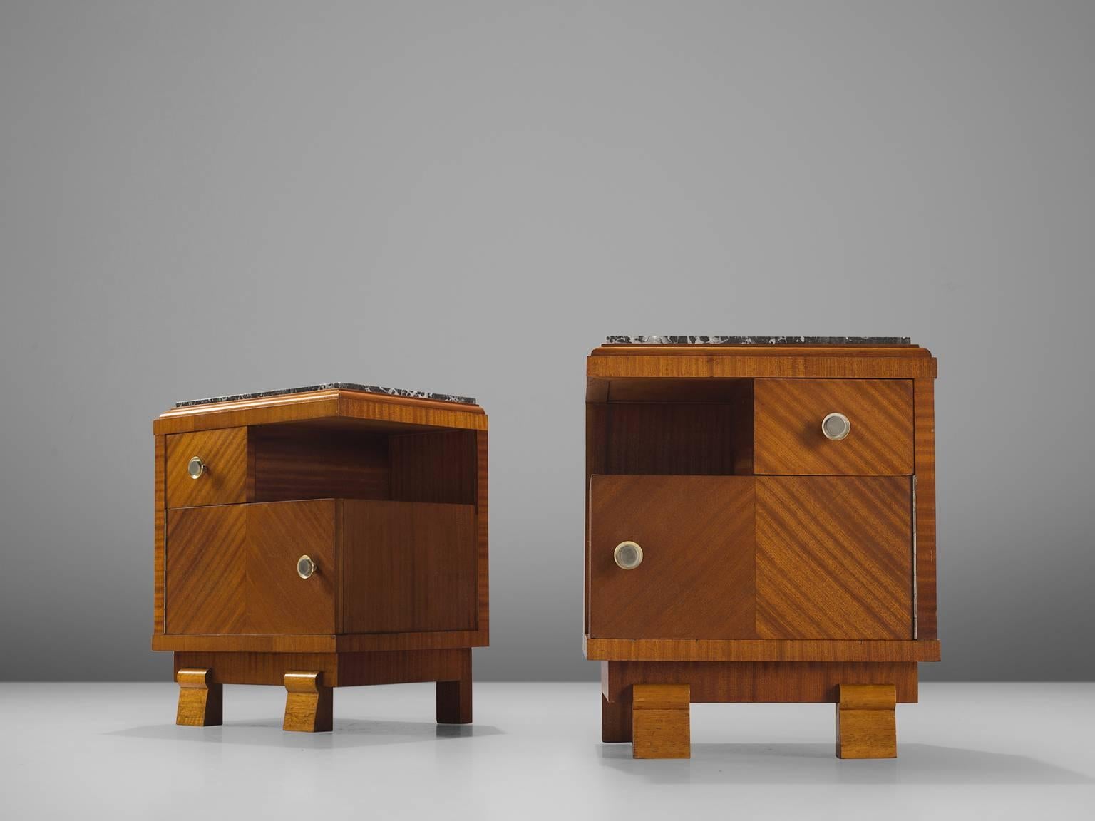 European Art Deco Nighstands in Mahogany and Stone 