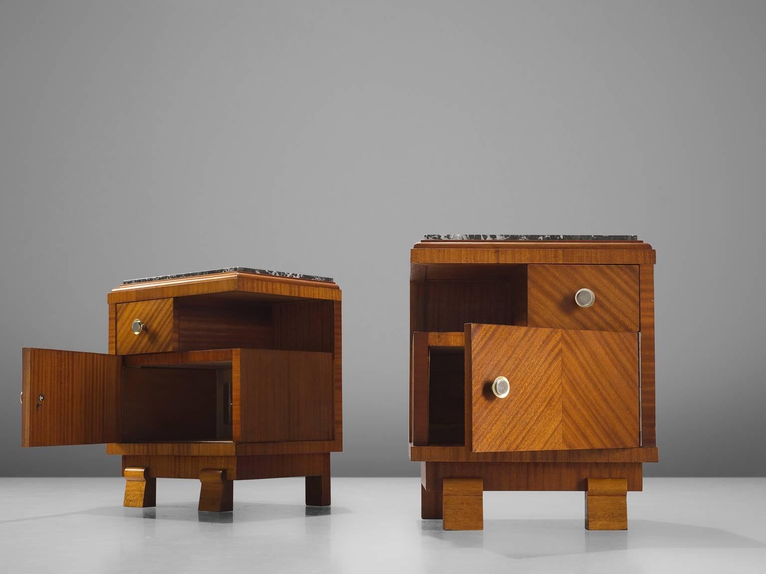 Art Deco Nighstands in Mahogany and Stone  In Good Condition In Waalwijk, NL