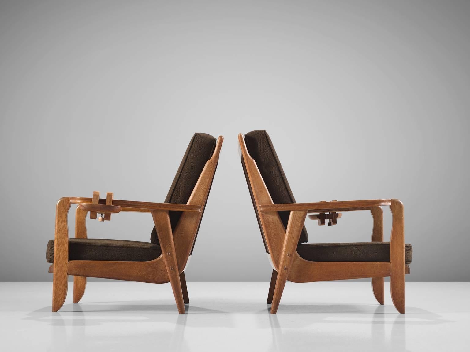 Mid-Century Modern Chambron and Guillerme Solid Oak Lounge Chairs