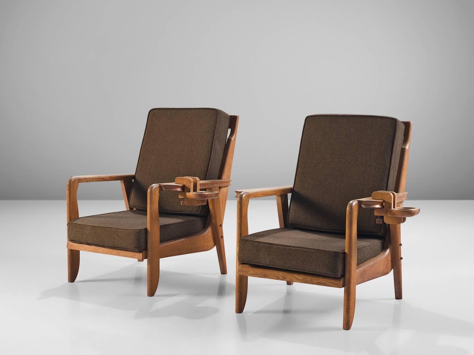French Chambron and Guillerme Solid Oak Lounge Chairs