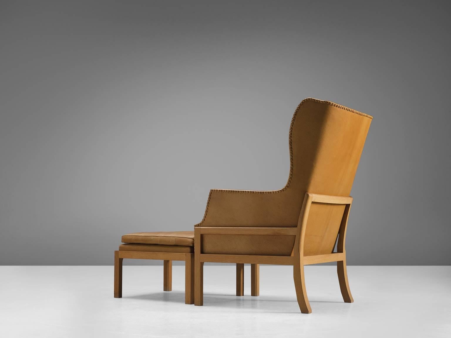 Danish Mogens Koch Wingback Lounge Chair in Mahogany and Cognac Leather