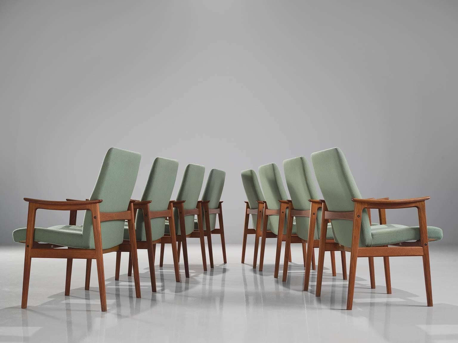 Scandinavian Modern Set of Eight Highback Armchairs in Teak and Mintgreen Fabric