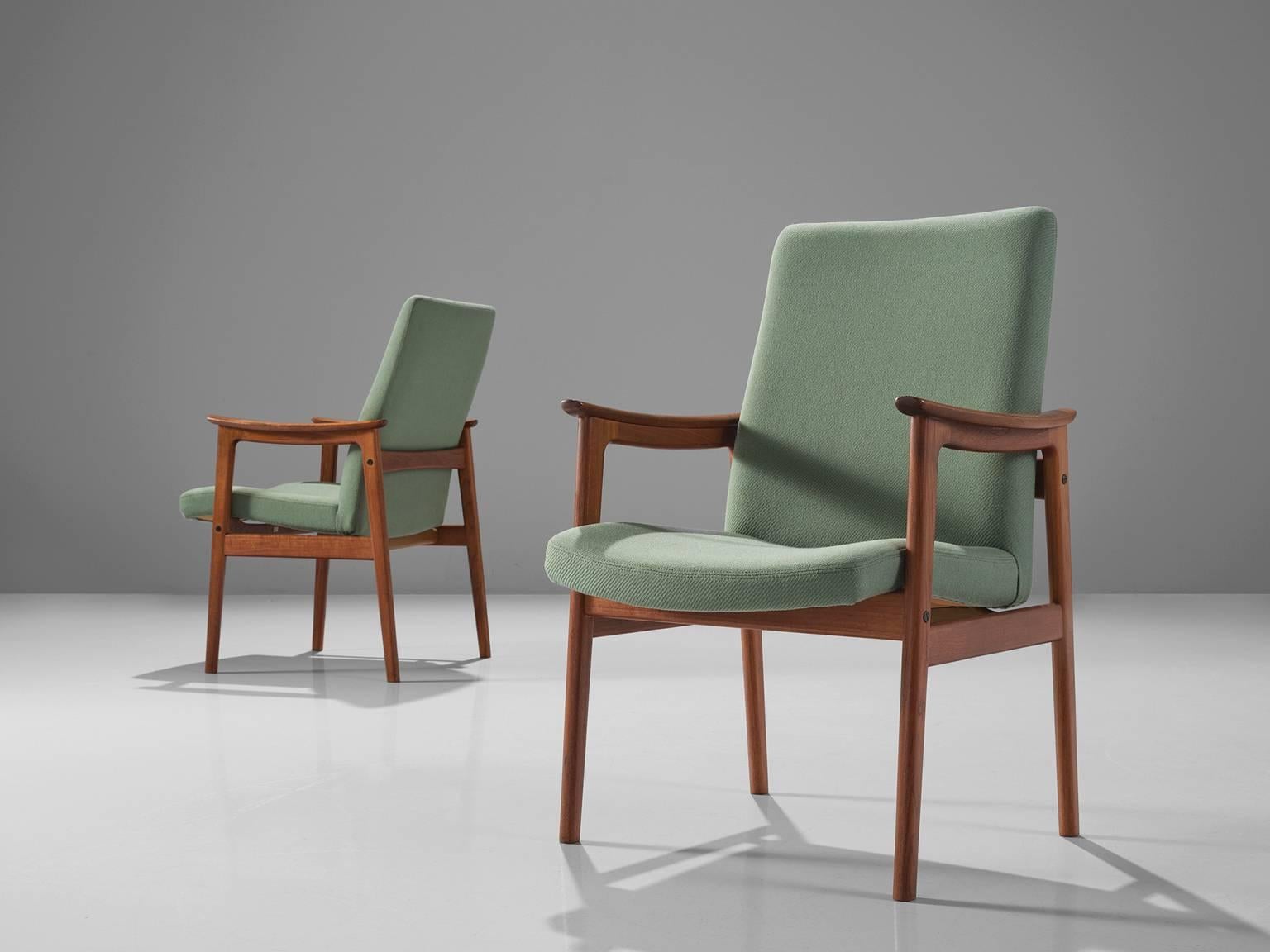 Scandinavian Set of Eight Highback Armchairs in Teak and Mintgreen Fabric