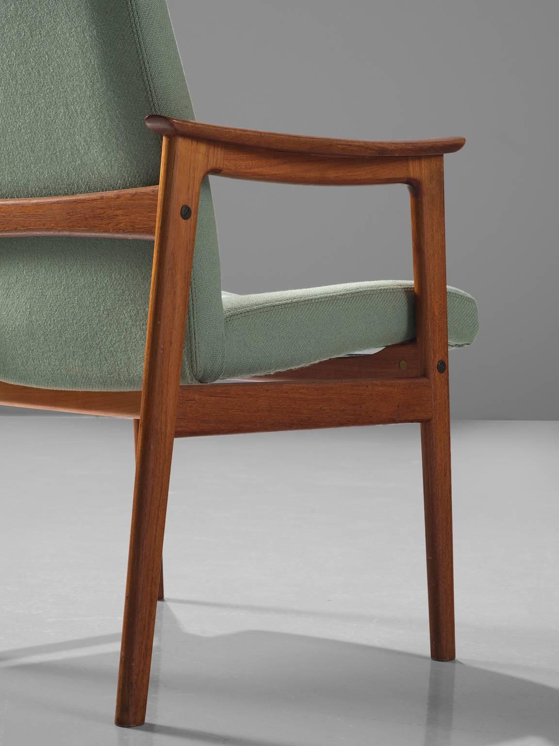 Mid-20th Century Set of Eight Highback Armchairs in Teak and Mintgreen Fabric