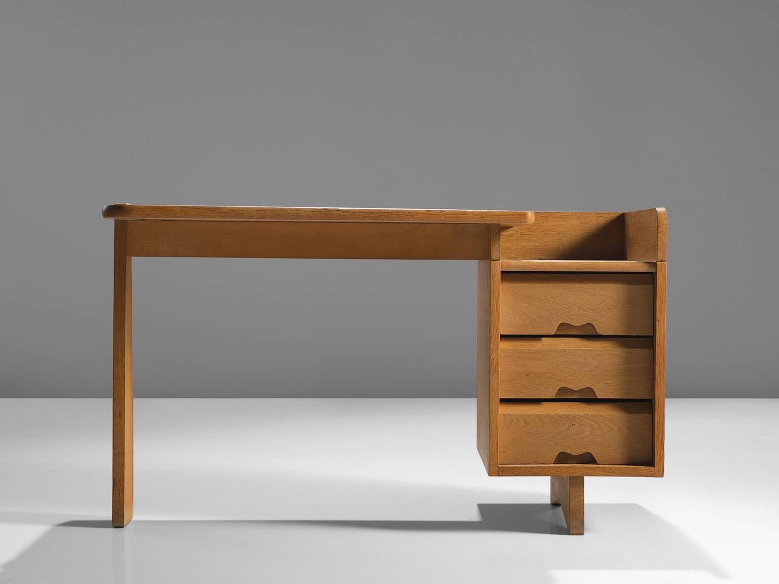 Mid-Century Modern Guillerme & Chambron Original Leather and Oak Freestanding Desk