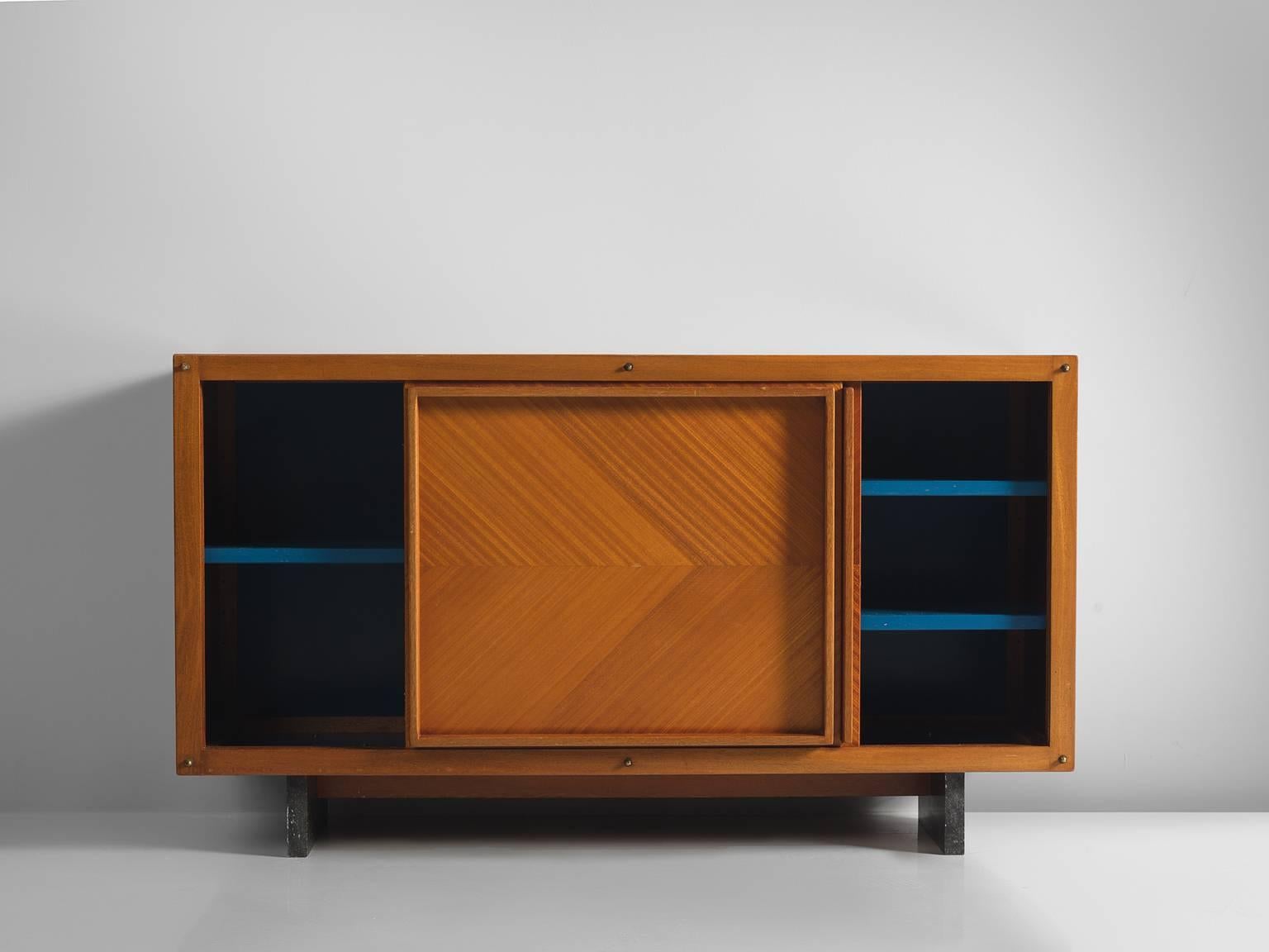 Mid-Century Modern Andre Sornay Early Mahogany Cabinet with Blue Interior