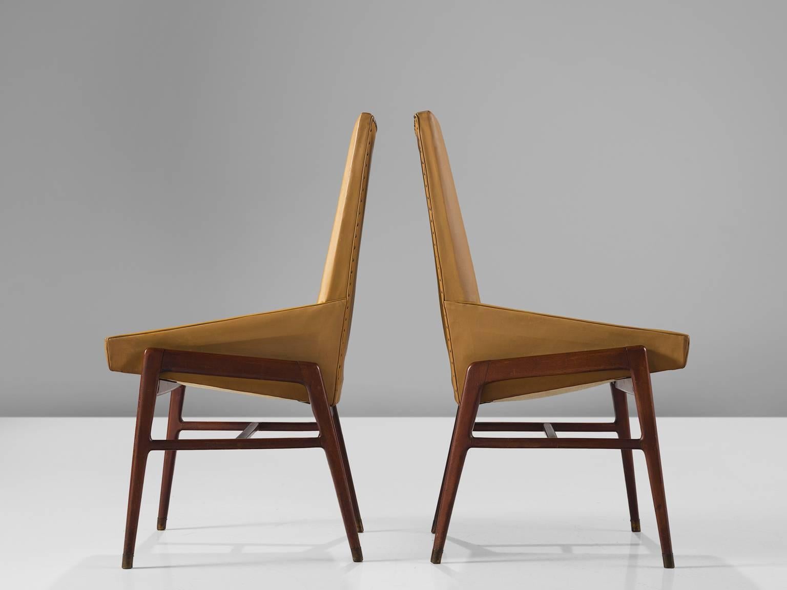 Mid-20th Century Set of Six Italian Ocre Leatherette Dining Chairs in Walnut