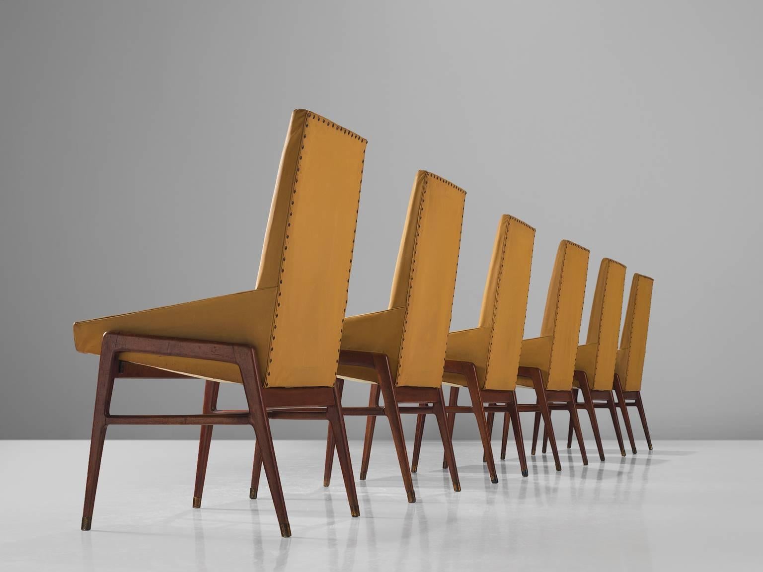 Mid-Century Modern Set of Six Italian Ocre Leatherette Dining Chairs in Walnut