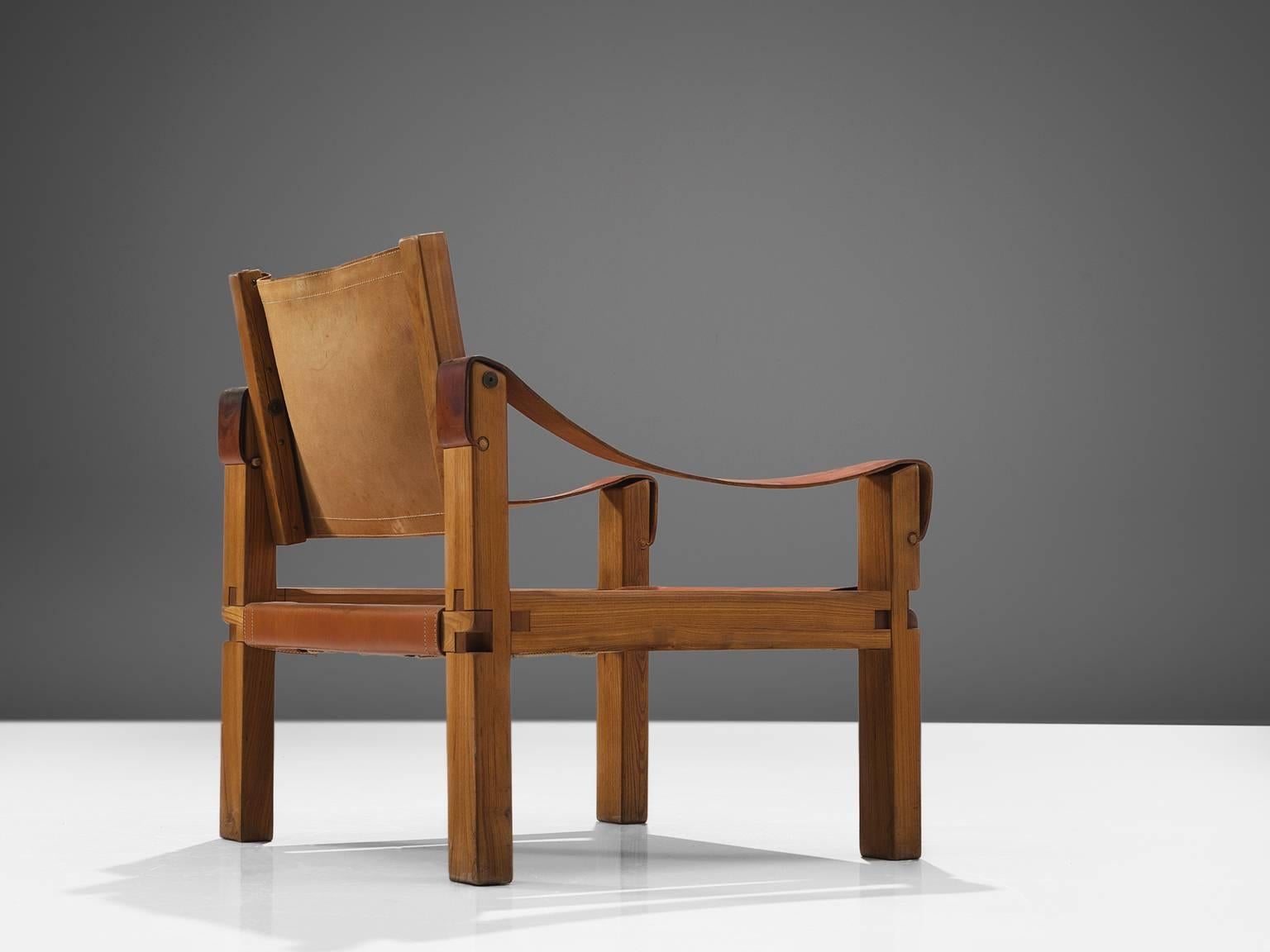 Mid-20th Century Pierre Chapo Grand Patinated Cognac Leather Elm Chairs S10X, ca 1964