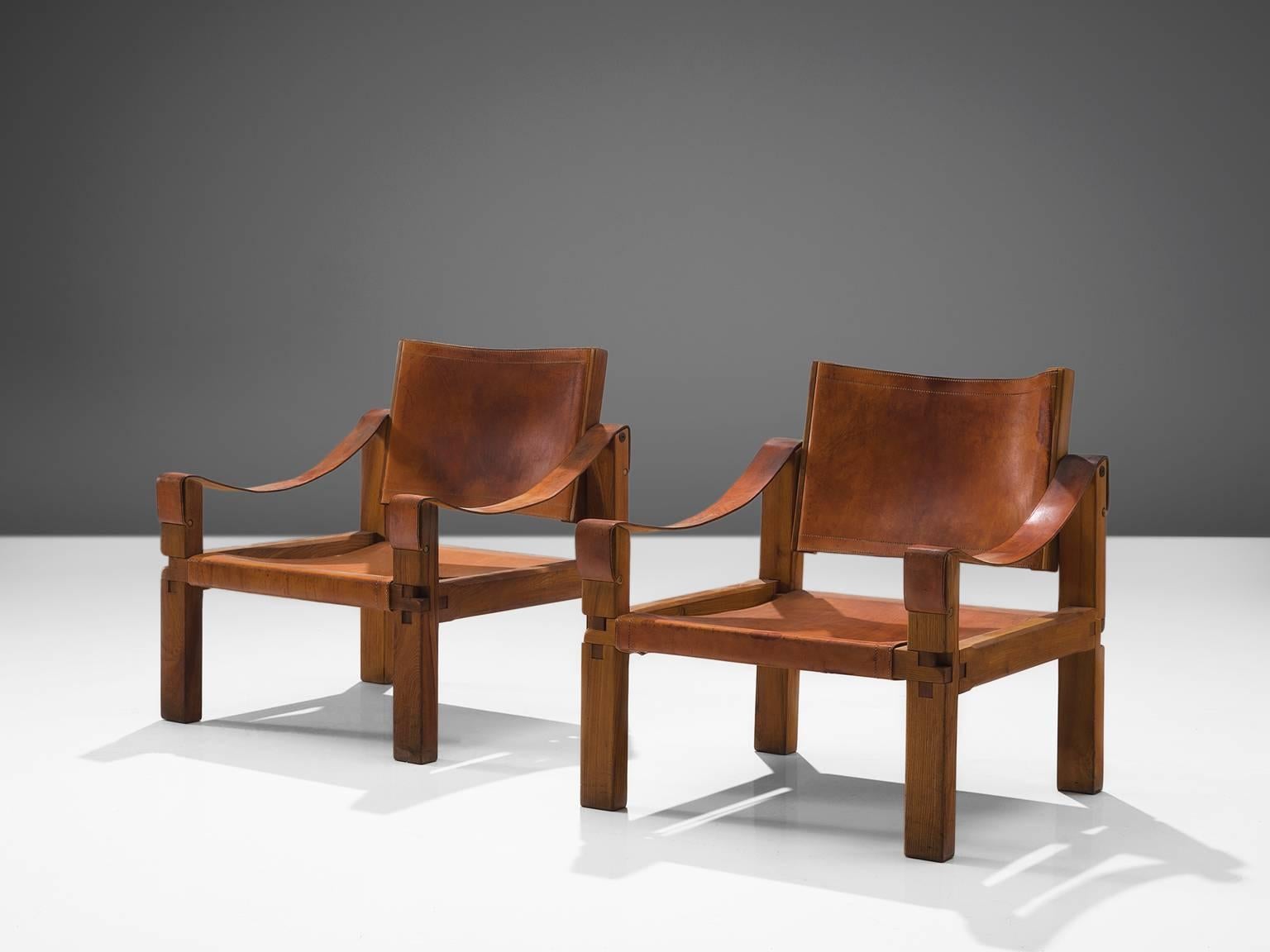 Mid-Century Modern Pierre Chapo Grand Patinated Cognac Leather Elm Chairs S10X, ca 1964