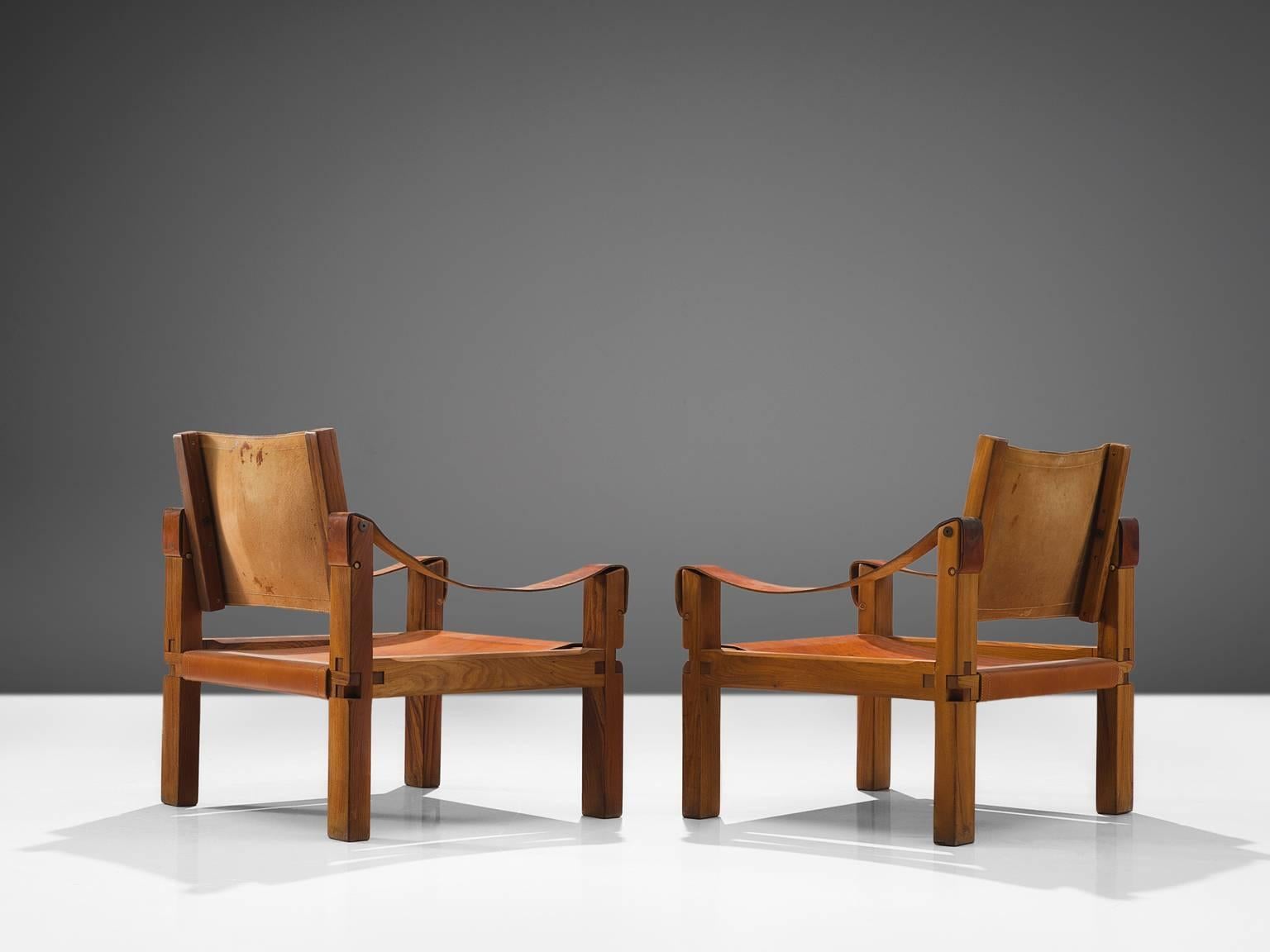 French Pierre Chapo Grand Patinated Cognac Leather Elm Chairs S10X, ca 1964