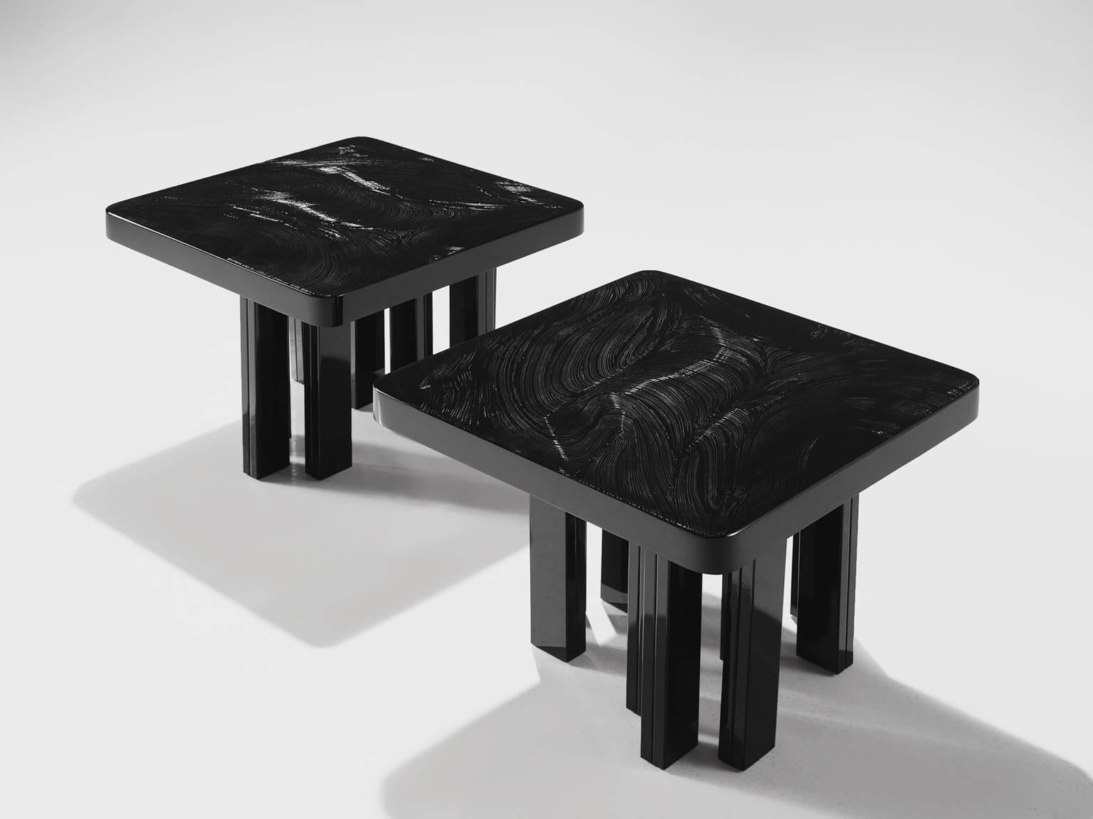 Jean Claude Dresse, side tables in lacquered etched resin and metal, Belgium, 1970s. 

Small and delicate sculptural side tables with etched tops, designed and signed by Jean Claude Dresse. Dresse is known for his high quality and exceptional