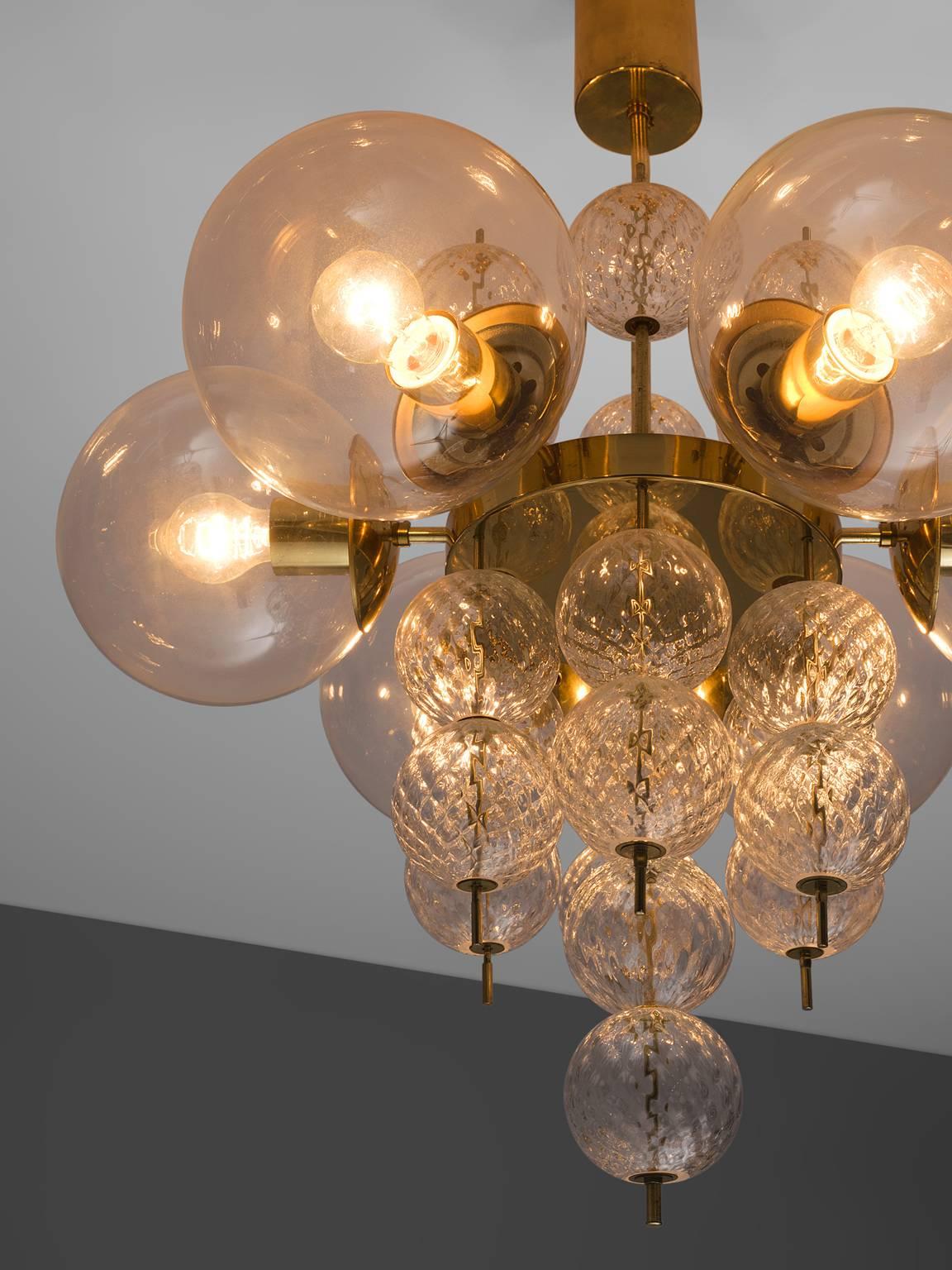 Mid-Century Modern Set of Three Brass and Glass Chandeliers