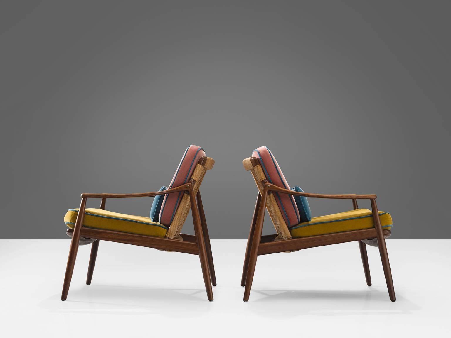 Hartmut Lohmeyer Reupholstered Armchairs in Teak and Cane In Excellent Condition In Waalwijk, NL