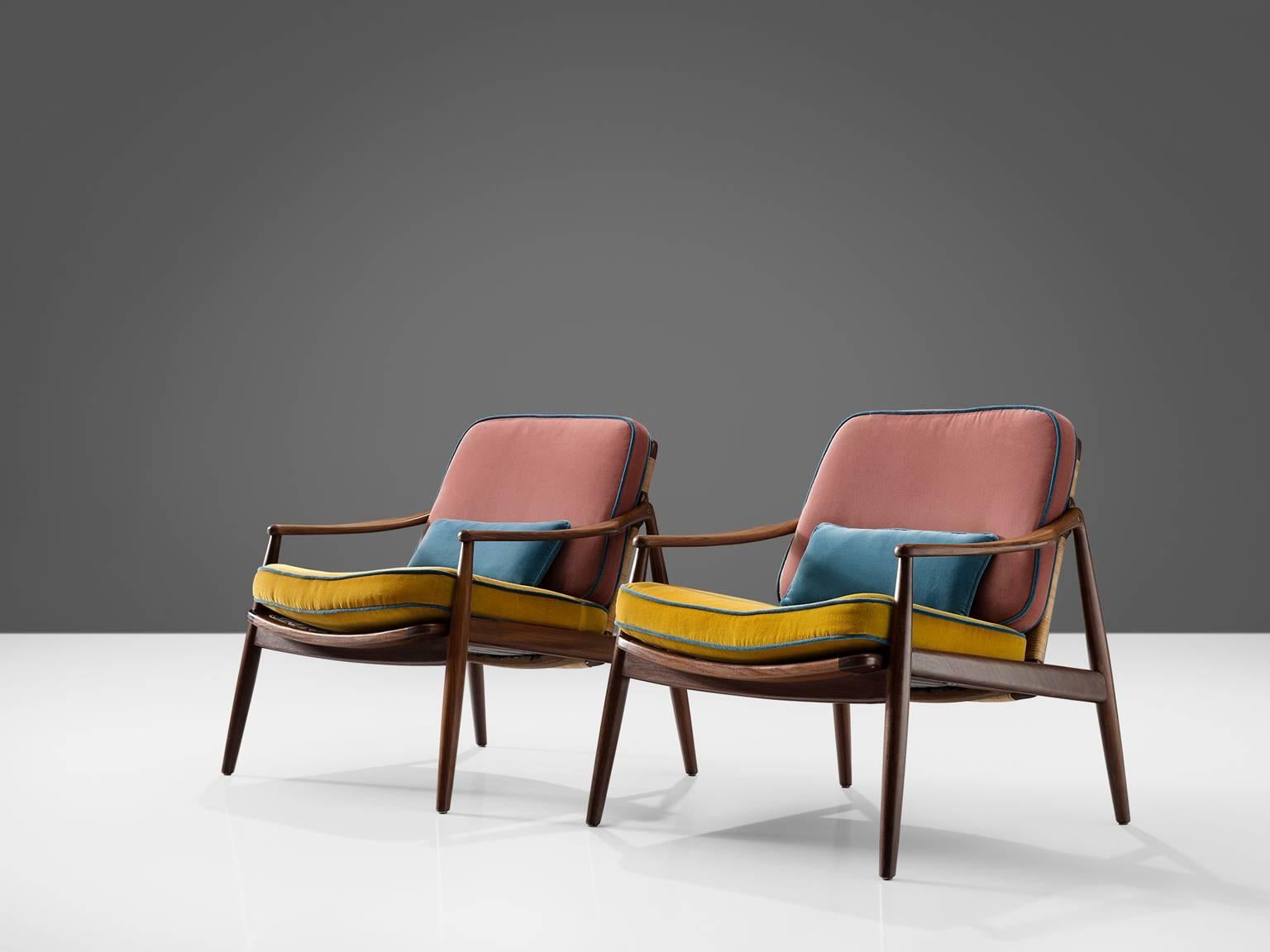 Mid-Century Modern Hartmut Lohmeyer Reupholstered Armchairs in Teak and Cane