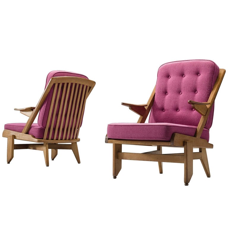 pair of oak and linen armchairs by guillerme et chambron france
