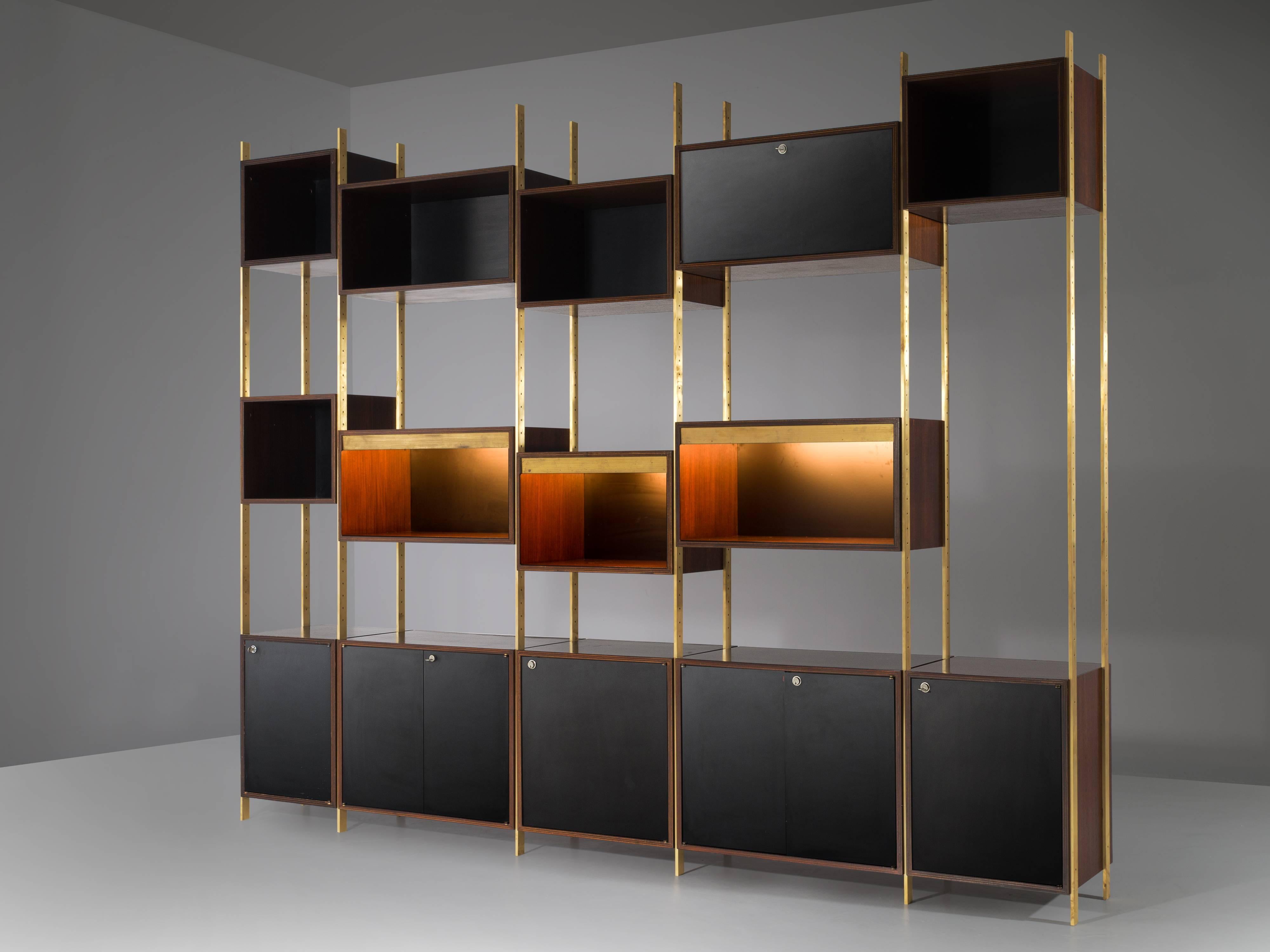 Mid-Century Modern Jules Wabbes Illuminated Library in Rosewood and Brass