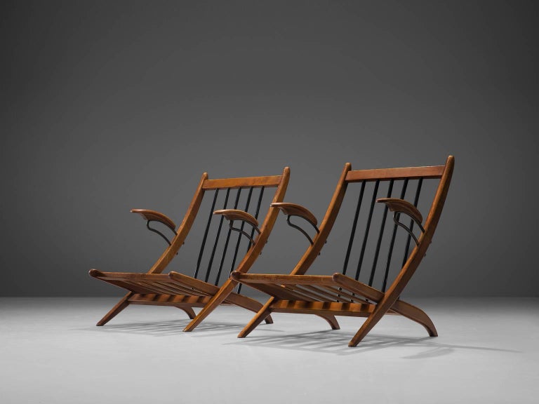 Pair of Lounge Chair Frames in Wood and Brass For Sale at 1stDibs