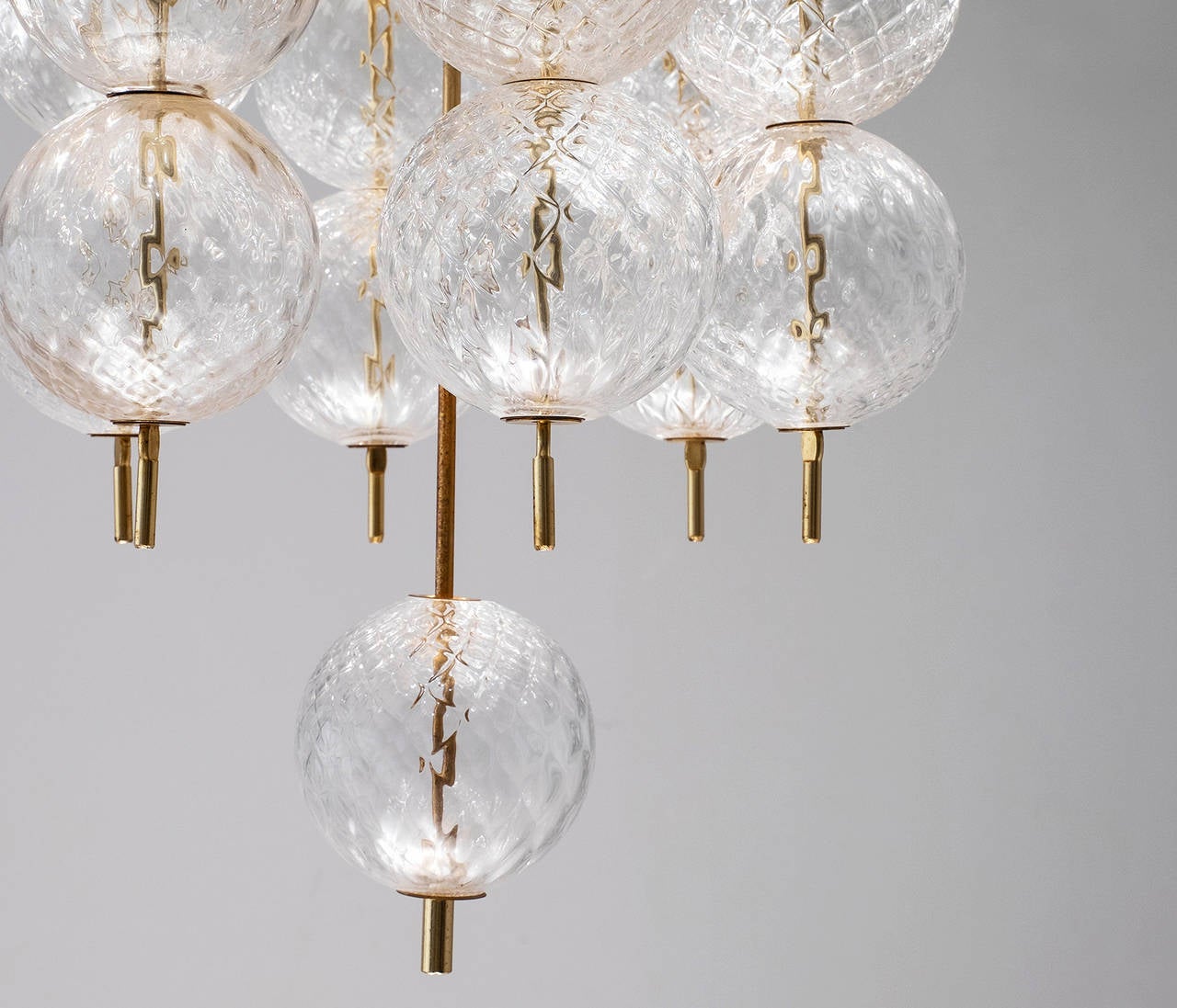 Mid-Century Modern Large Chandelier with Brass and Structured Glass Bulbs