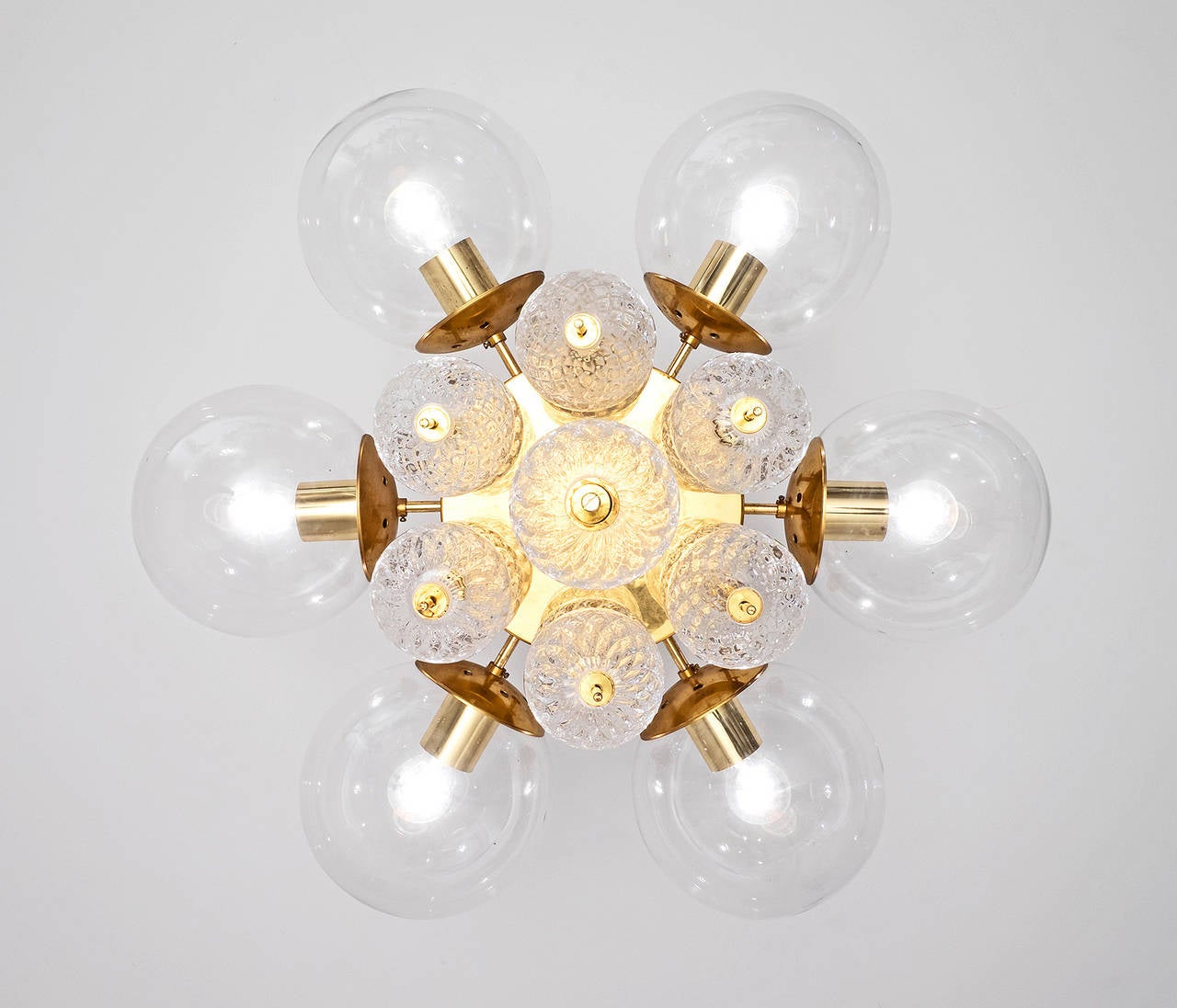 Large Chandelier with Brass and Structured Glass Bulbs In Excellent Condition In Waalwijk, NL