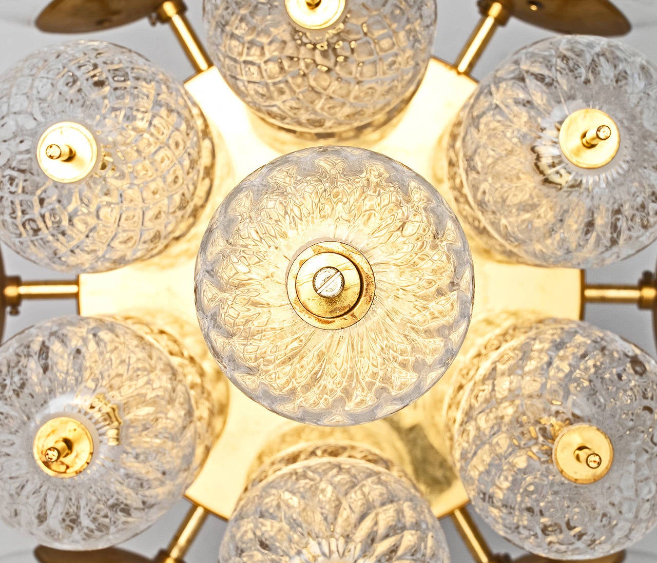 Mid-20th Century Large Chandelier with Brass and Structured Glass Bulbs