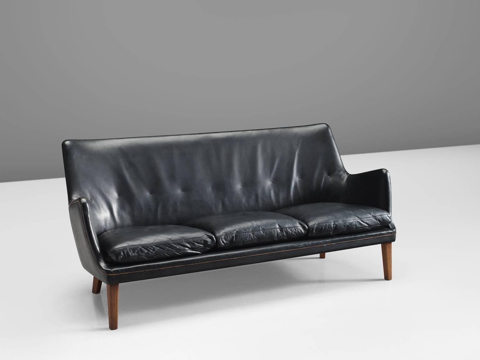 Scandinavian Modern Arne Vodder Black Leather Sofa, 1950s