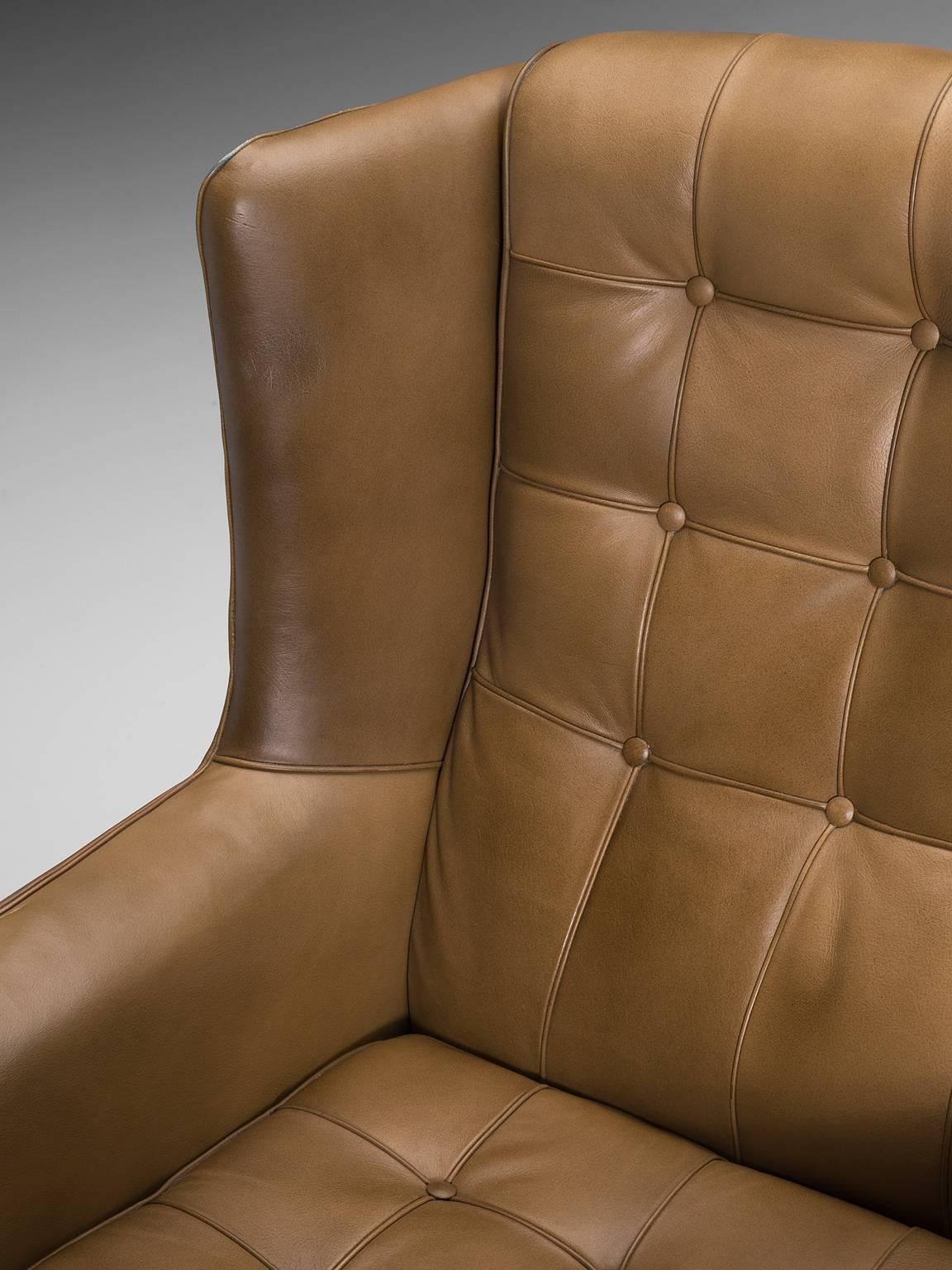 Arne Norell Matching Pair of High Back Chairs in Patinated Cognac Leather In Good Condition In Waalwijk, NL