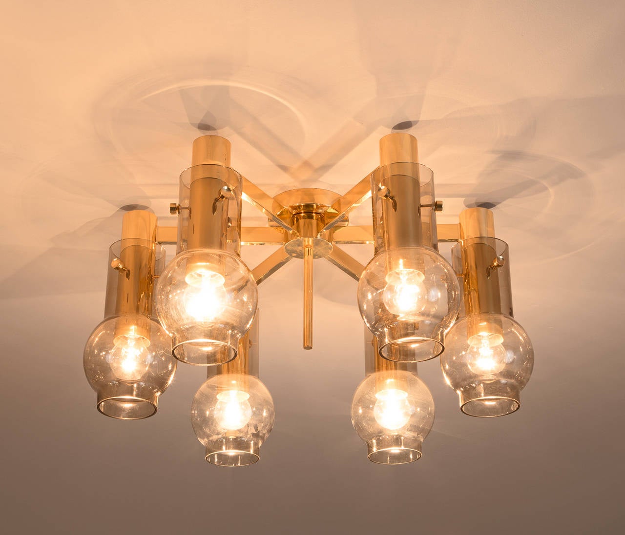 Set of Two Swedish Brass Chandeliers with Smoked Glass Shades In Good Condition In Waalwijk, NL