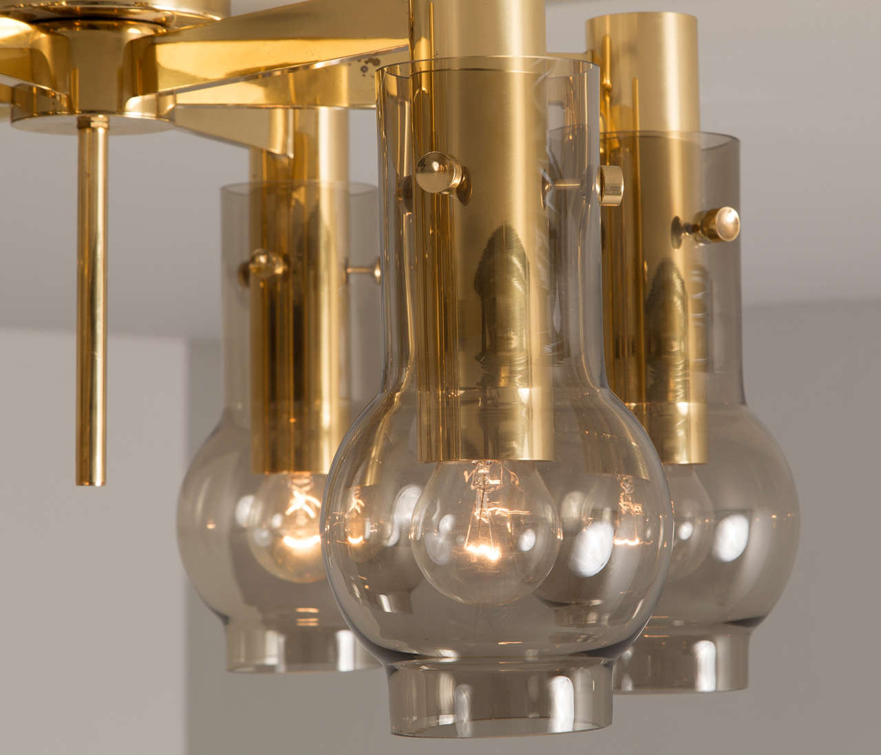 Mid-20th Century Set of Two Swedish Brass Chandeliers with Smoked Glass Shades