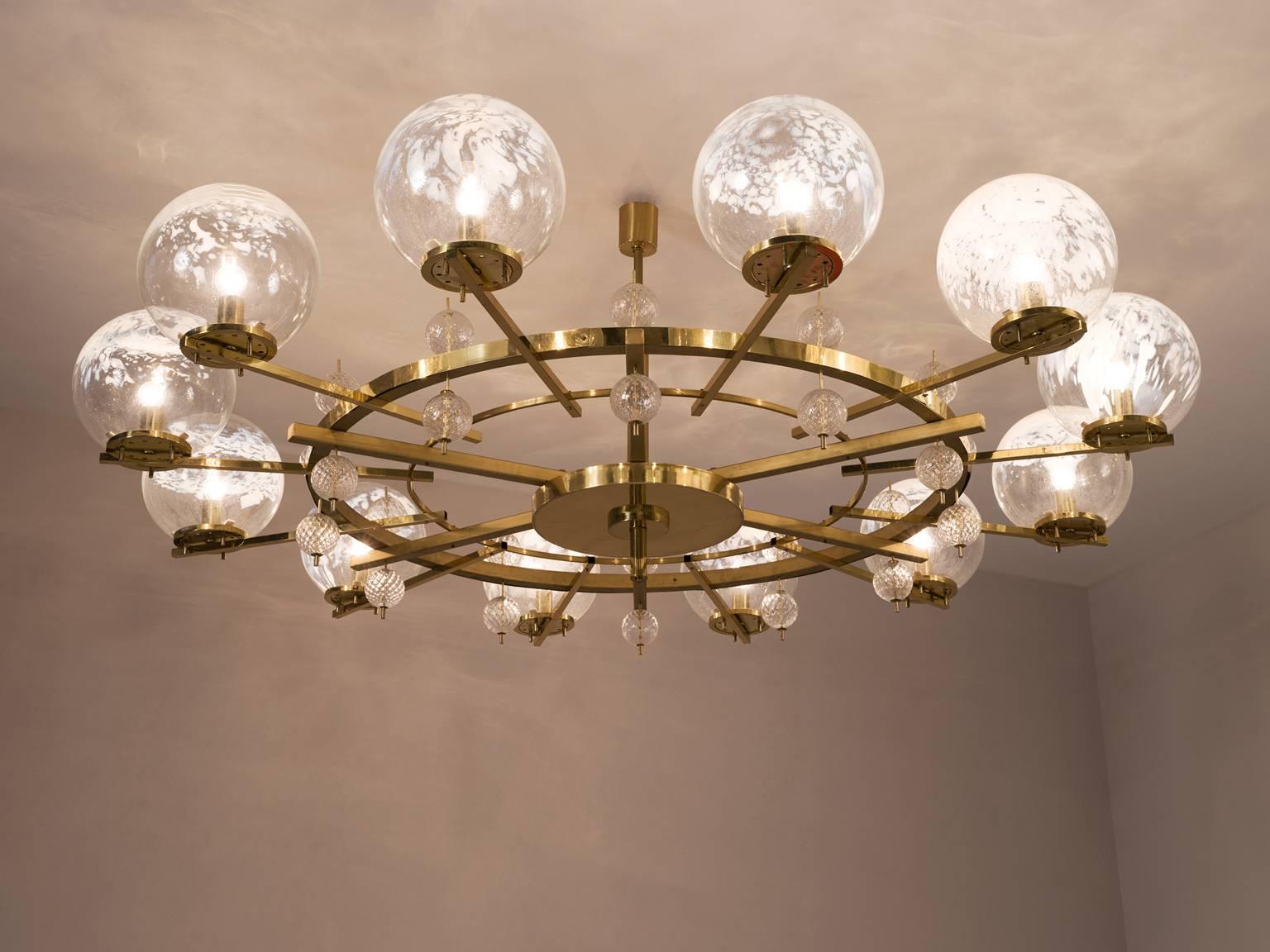 Mid-Century Modern Chandelier in Brass and Art-Glass Spheres