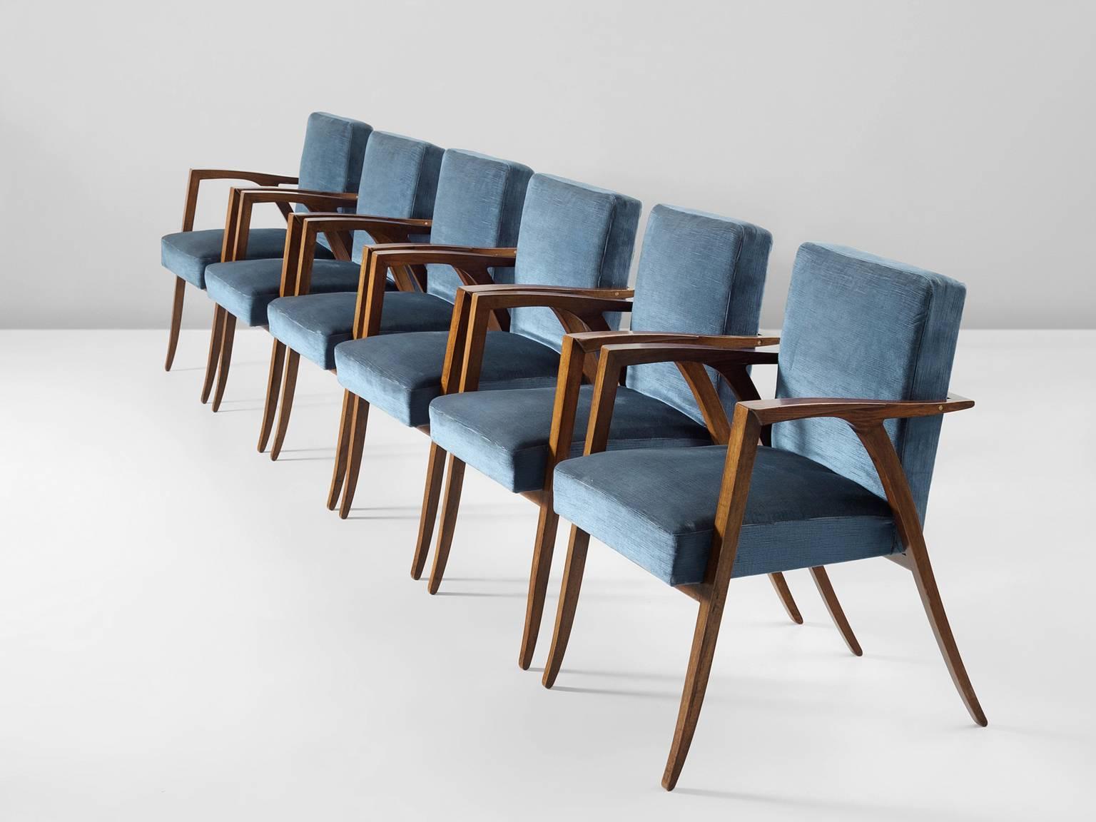 Mid-Century Modern Set of Six Italian Dining Chairs in Blue Velvet and Rosewood