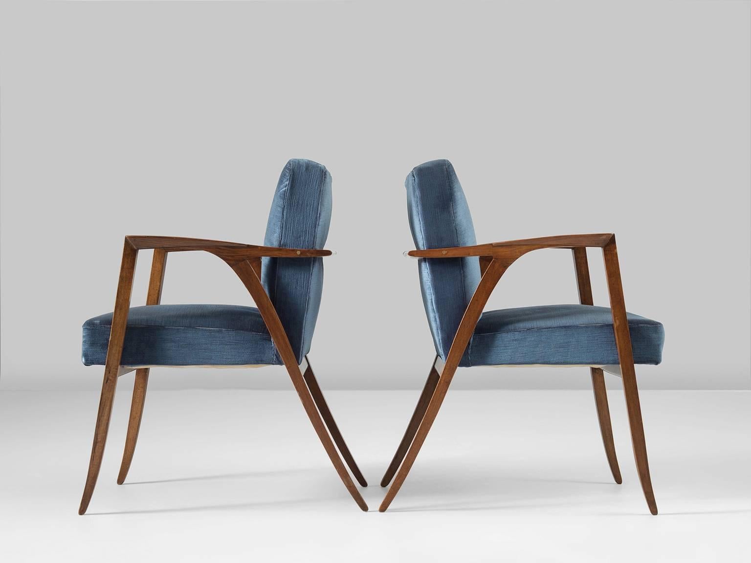Mid-20th Century Set of Six Italian Dining Chairs in Blue Velvet and Rosewood