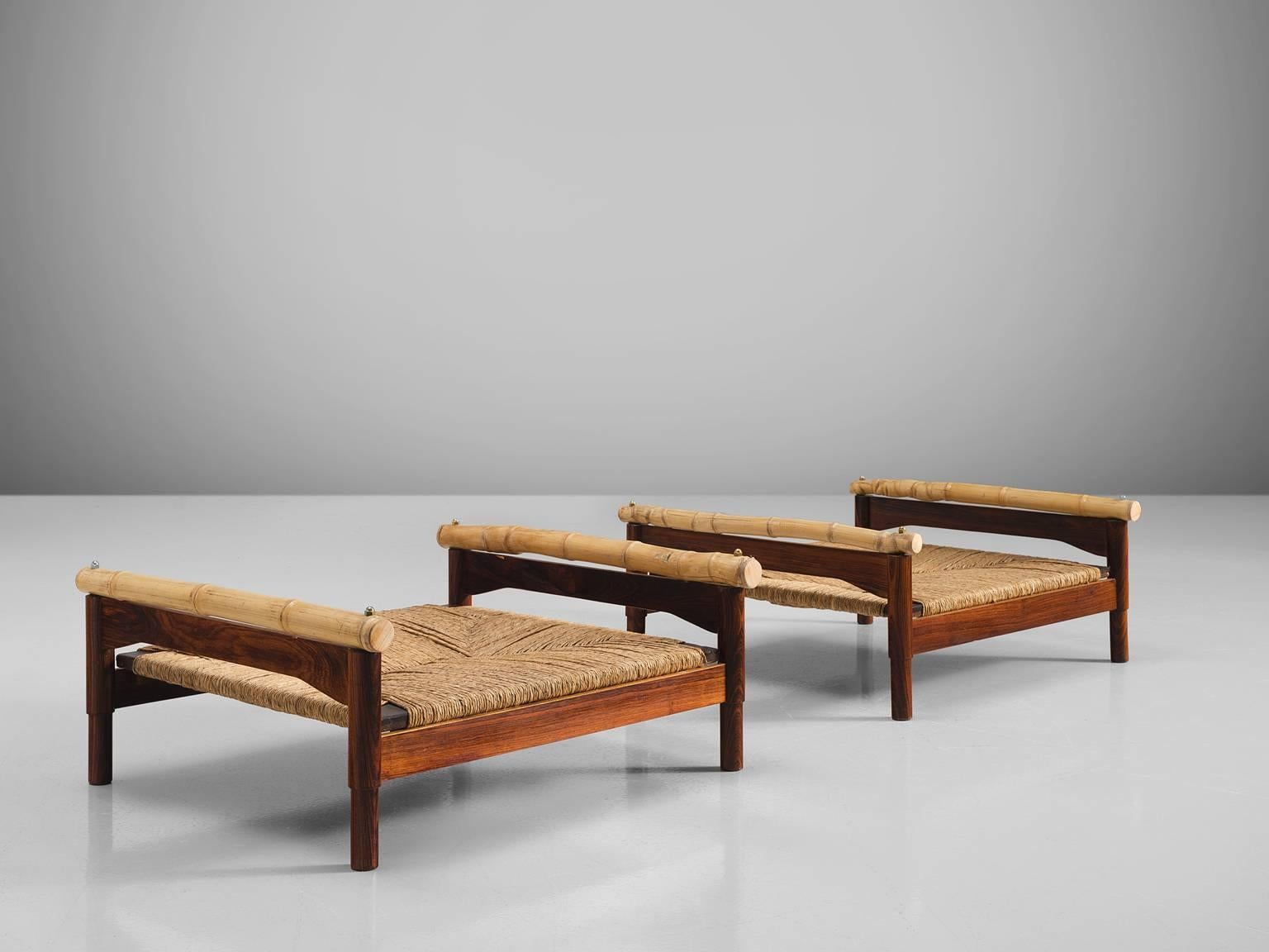 Mid-Century Modern Pair of Italian Stools with Rosewood, Bamboo and Cane
