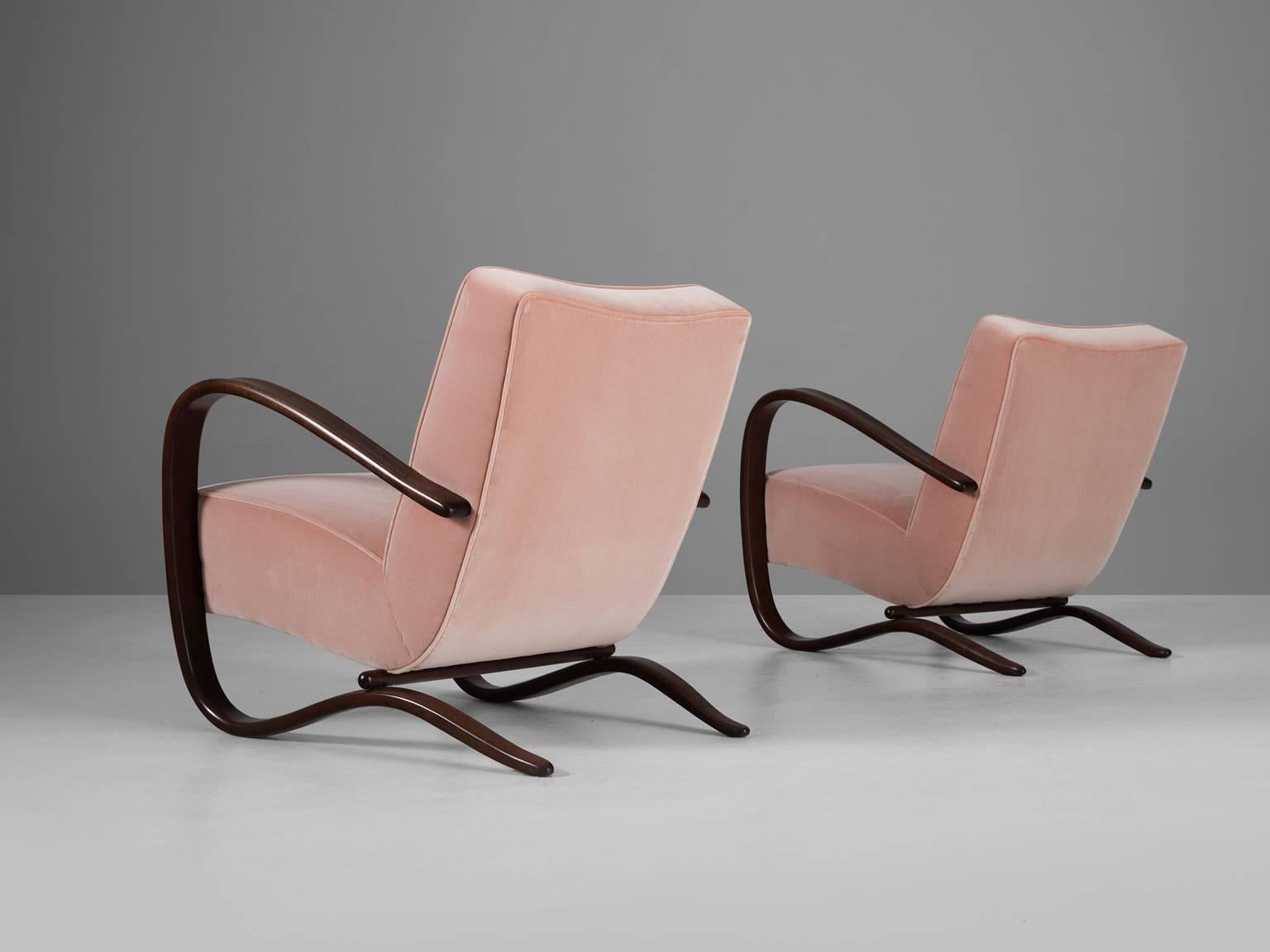 Czech Jindrich Halabala Pink Velvet Reupholstered Armchairs