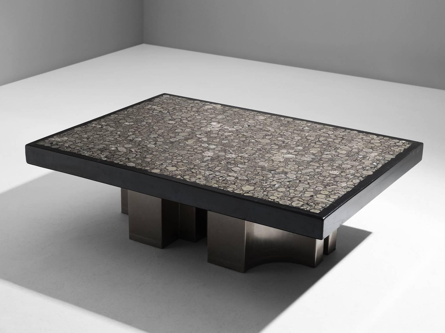 Jean Claude Dresse, coffee table, resin with inlaid marcasite, enameled steel, Belgium, 1970s. 

Exceptional coffee table with inlaid top of the organic mineral marcasite, designed by Jean Claude Dresse. Dresse is known for his high quality and