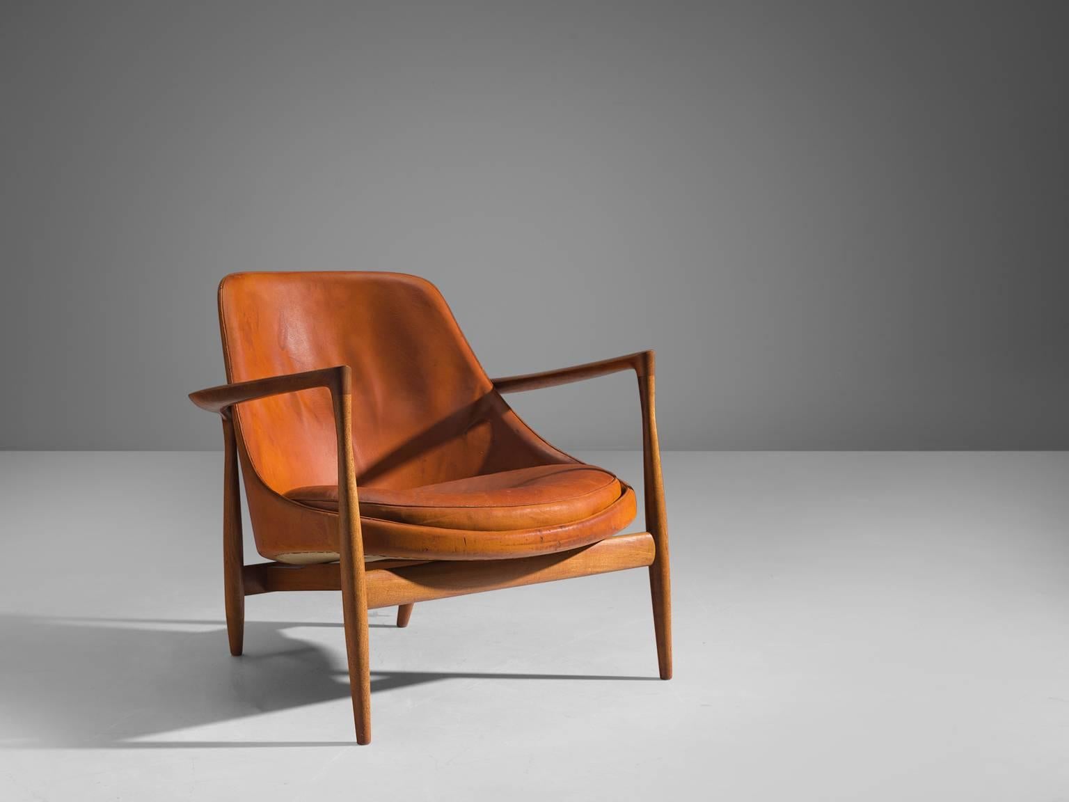 Scandinavian Modern Ib Kofod-Larsen 'Elizabeth' Chair in Original Cognac Leather with Ottoman