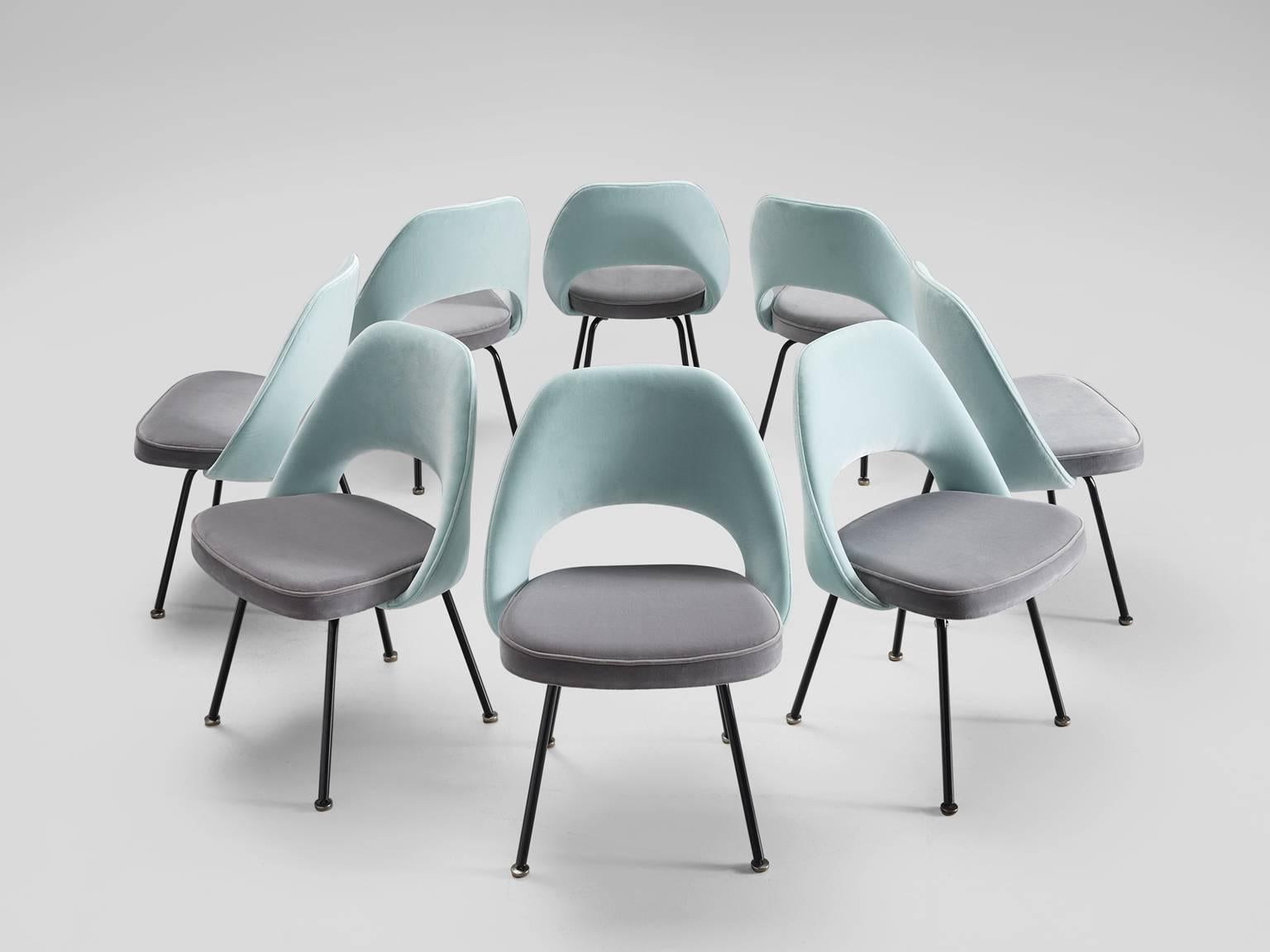 Eero Saarinen for Knoll International, set of eight chairs model 72, metal and fabric, by United States 1948. 

Eight organic shaped chairs designed by Eero Saarinen. This iconic model is reupholstered in a soft sea-green and grey velvet fabric. The