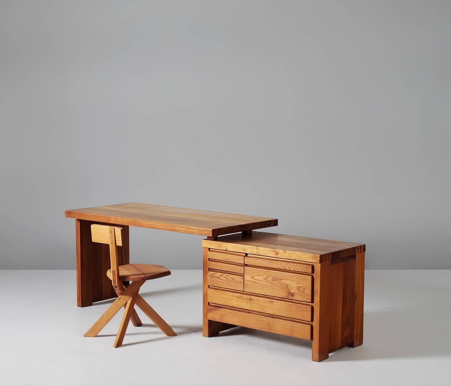 Pierre Chapo, desk in elmwood, model B19, France, 1960s. 

Executive desk in elmwood. The simplicity of this design is it's strength. The quality of the elmwood structure is sublime, it's kept together with beautifully made wooden joints. The