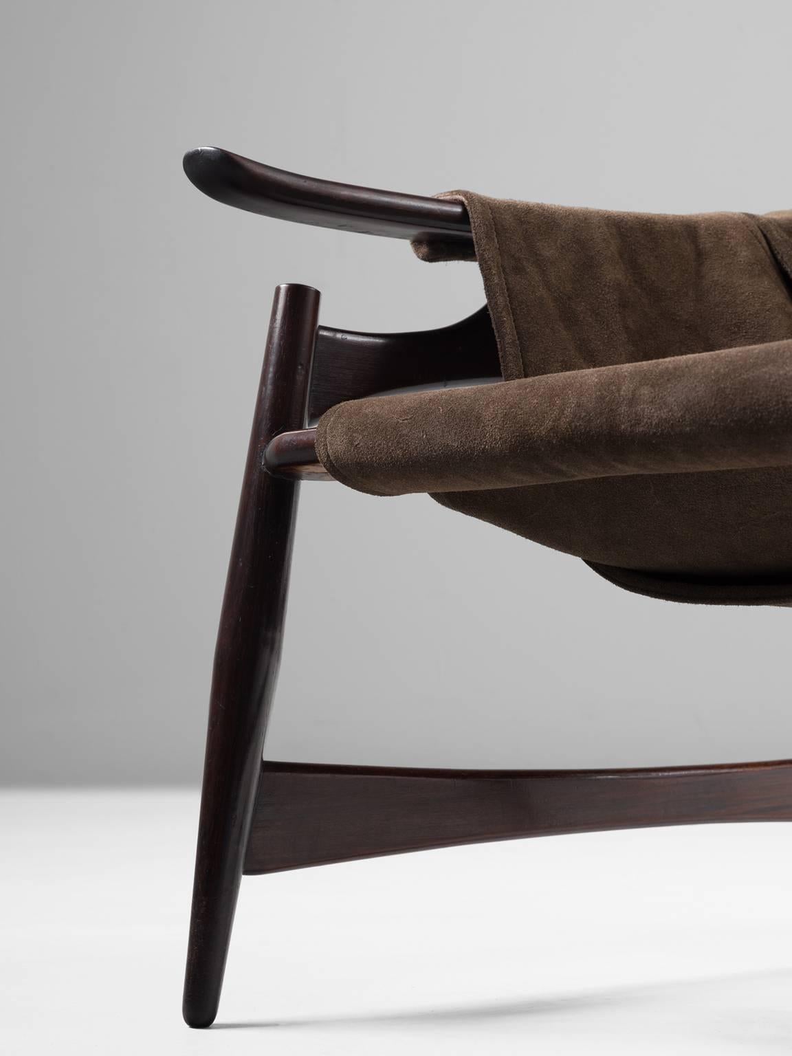 Mid-20th Century Liceu De Artes Sao Paulo Lounge Chair in Rosewood and Brown Suede