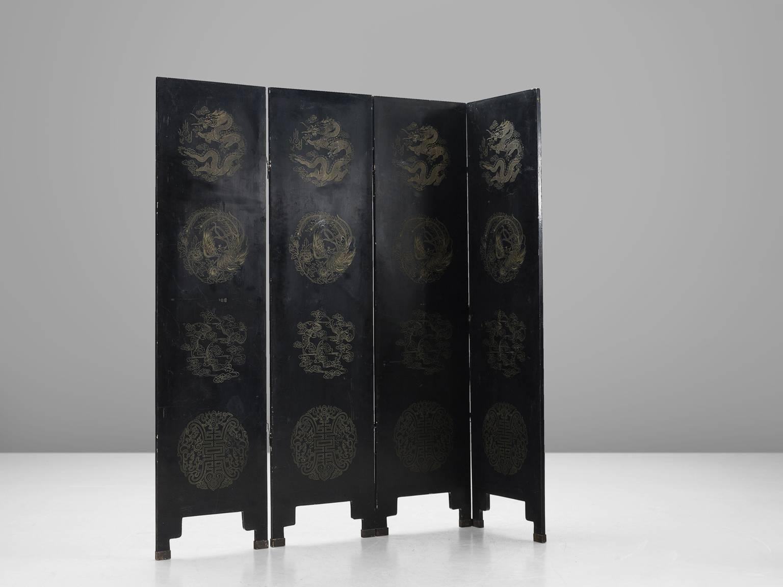 Japonism Room Divider with Cranes and Blossom, 1960s In Good Condition In Waalwijk, NL