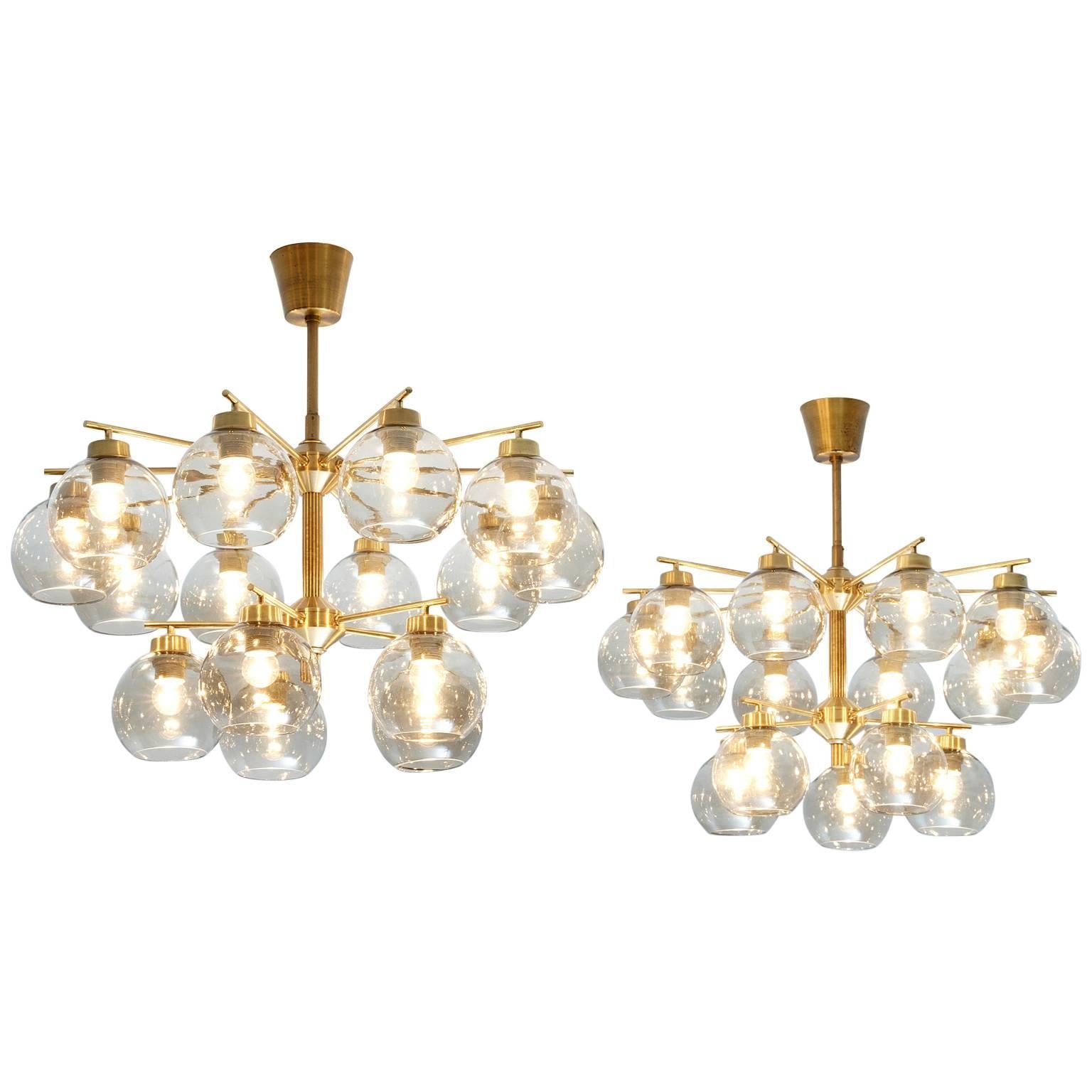 Hans-Agne Jakobsson Set of Two Chandeliers in Brass and Smoked Glass