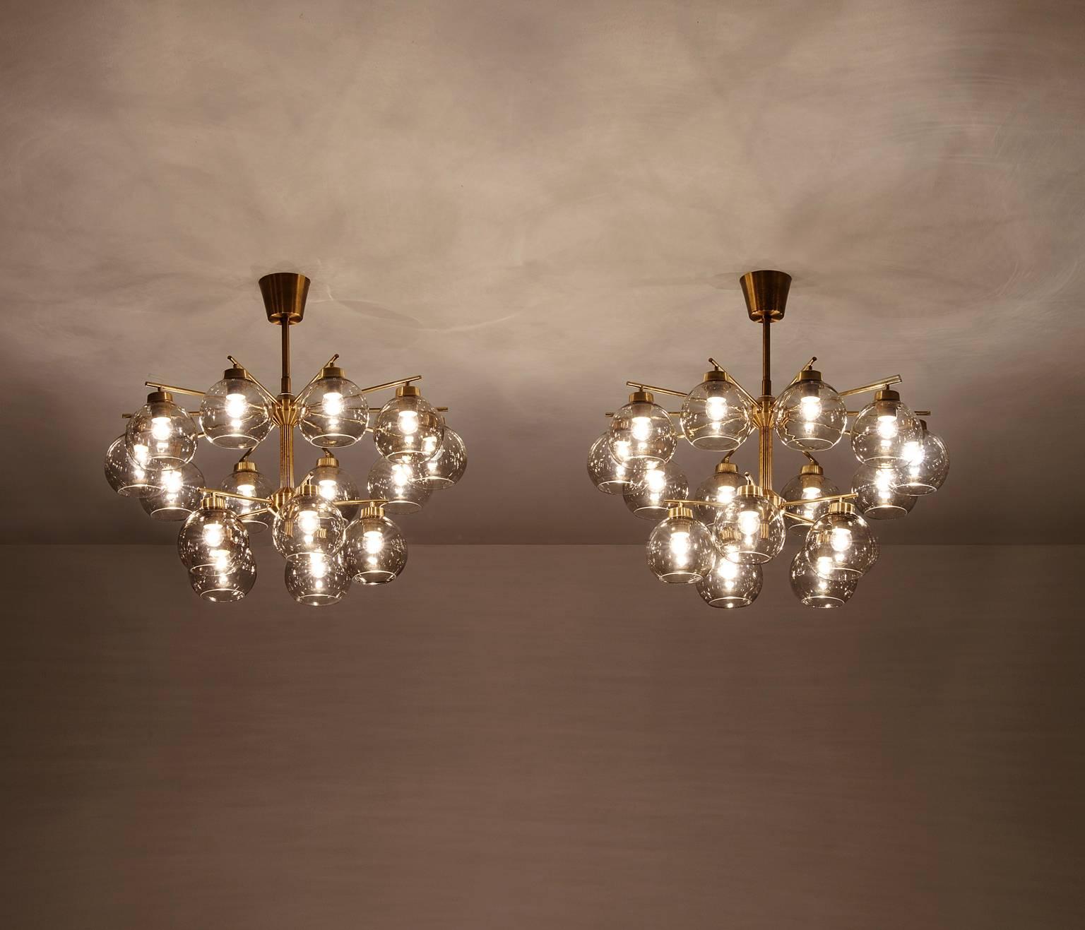 Scandinavian Modern Hans-Agne Jakobsson Set of Two Chandeliers in Brass and Smoked Glass