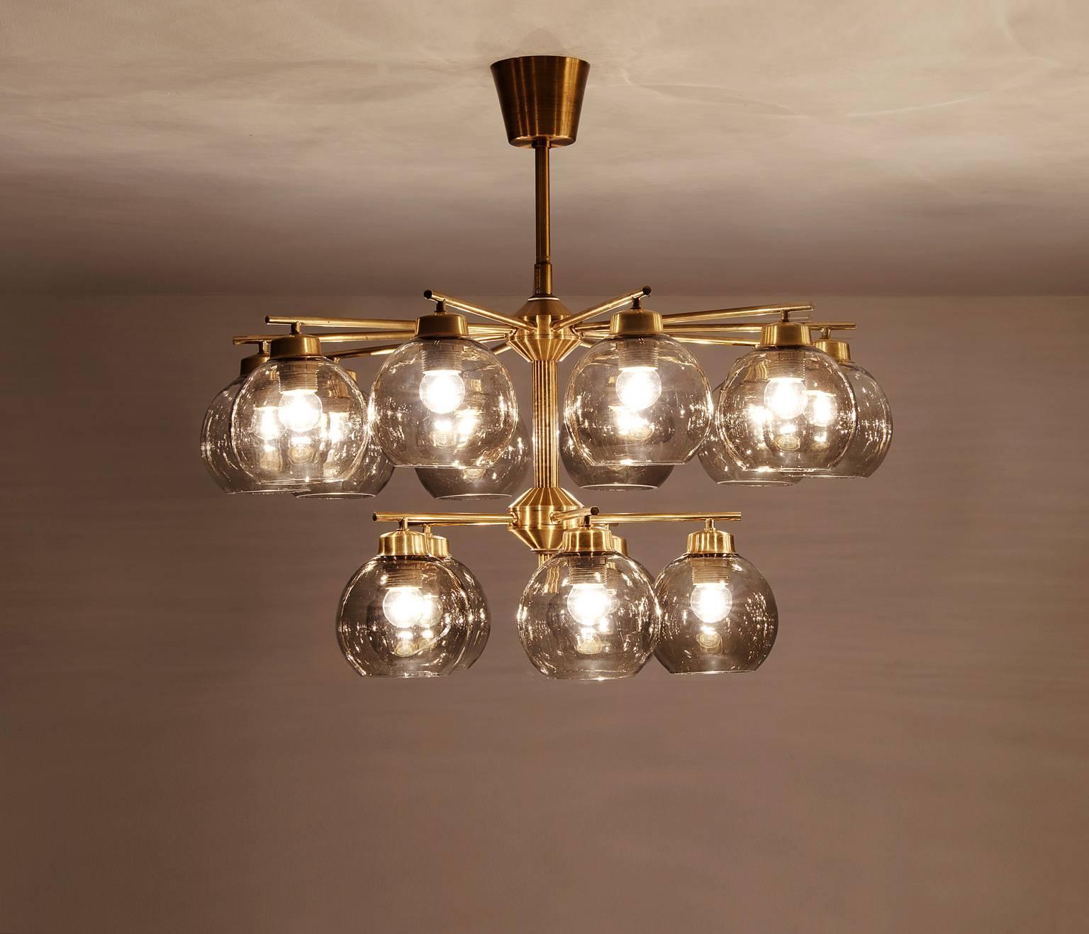 Scandinavian Hans-Agne Jakobsson Set of Two Chandeliers in Brass and Smoked Glass