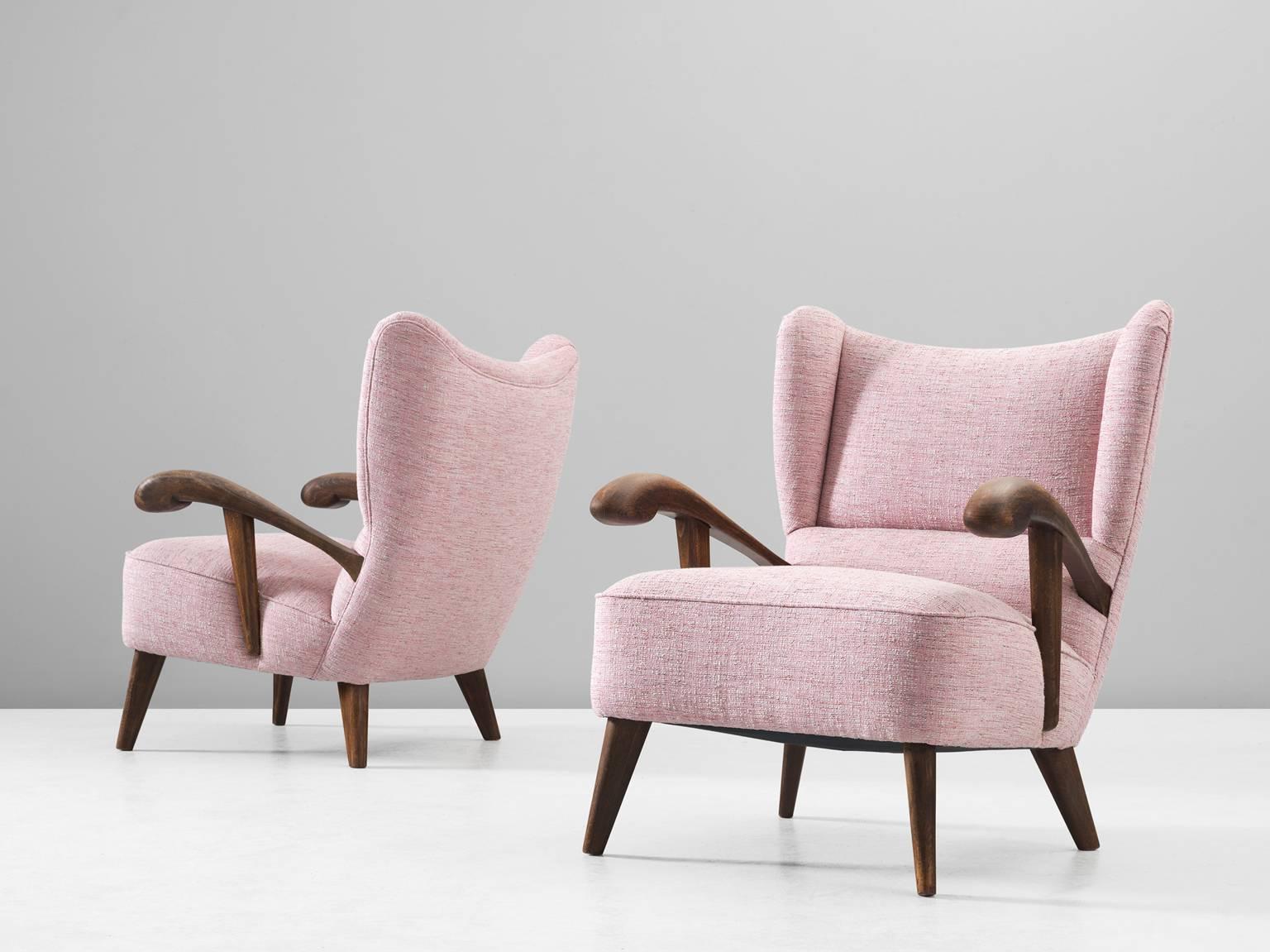 Czech Pair of Reupholstered Lounge Chairs with Sculptural Wooden Frame