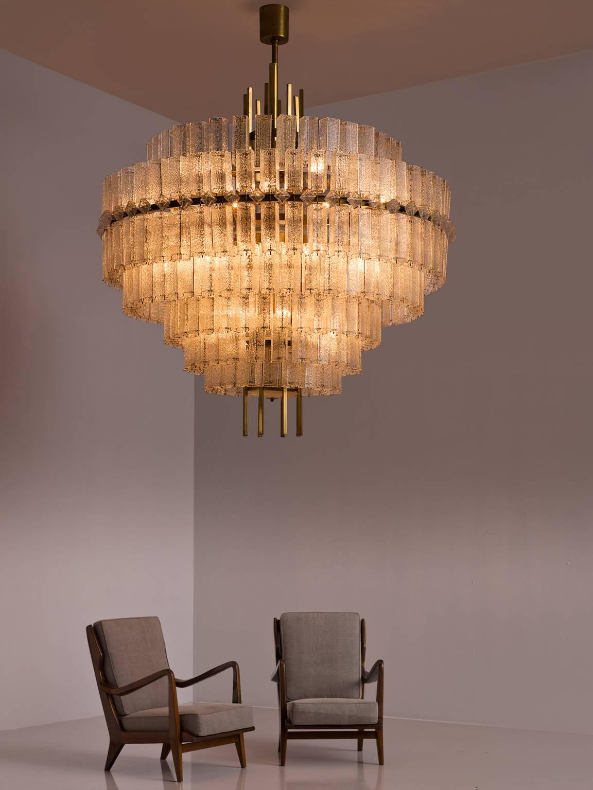 Pair of Large Circular Chandelier in Brass and Structured Glass 3