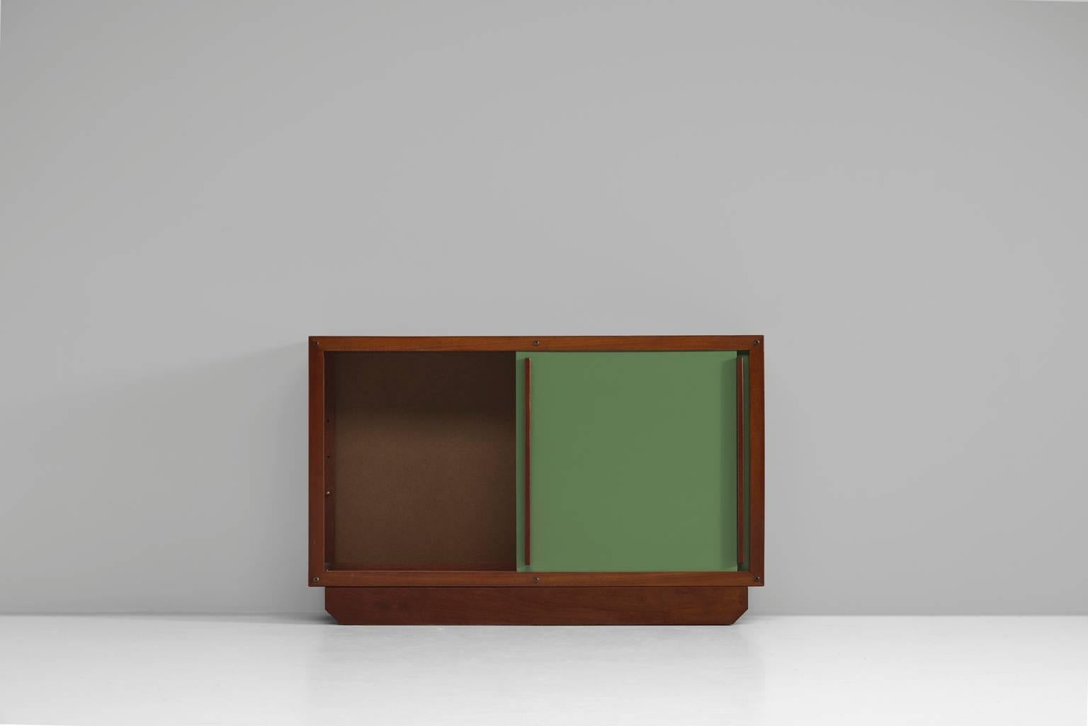 Mid-Century Modern André Sornay Olive Green and Teak Low Cabinet