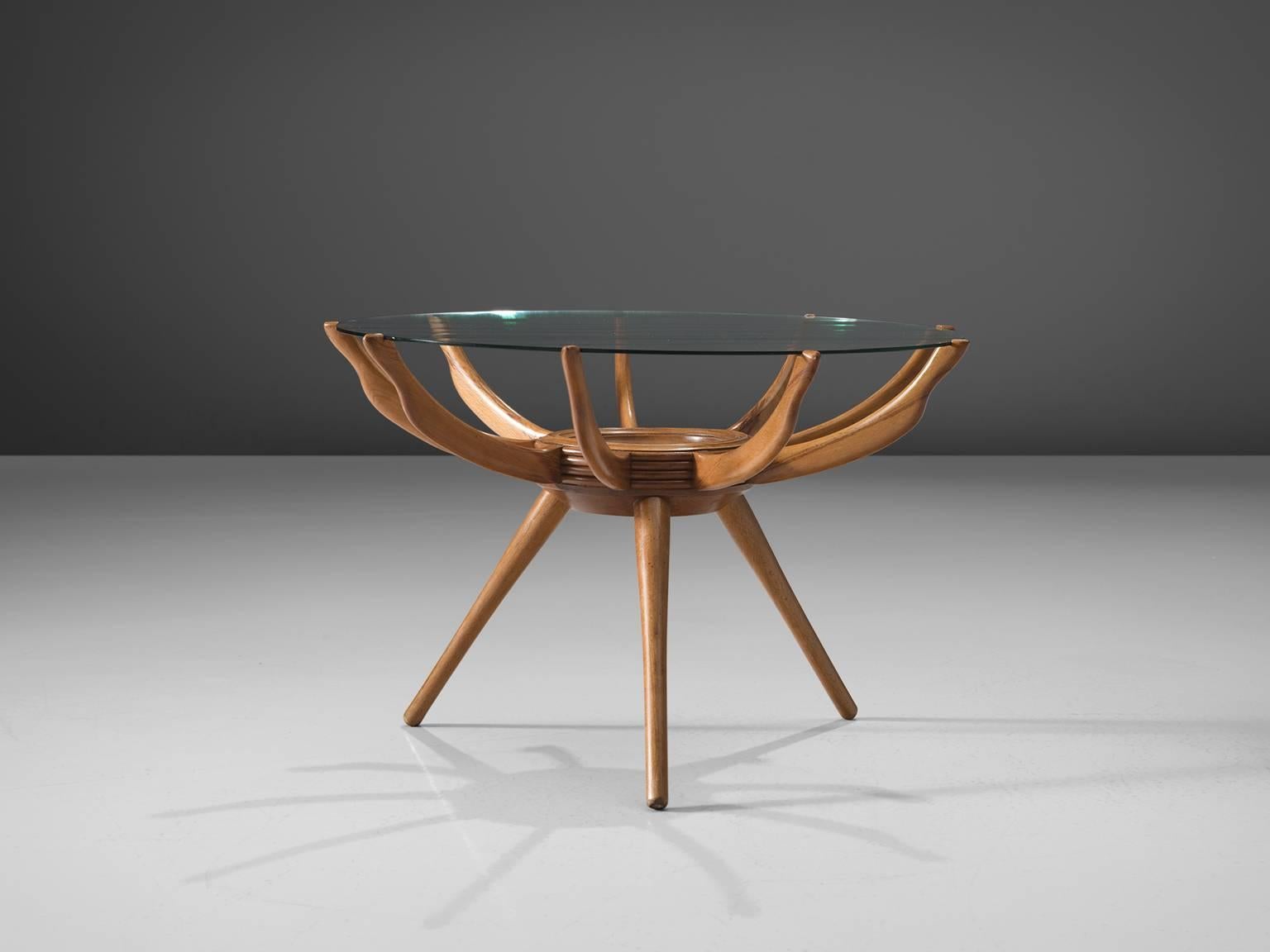 Carlo de Carli, Renato G. Angeli and Luigi Claudio Olivieri table, blond wood, glass, Italy, circa 1950. 

This small frivolous side table has three legs and nine 'arms'. The middle of the table consists of a small thick round element from which